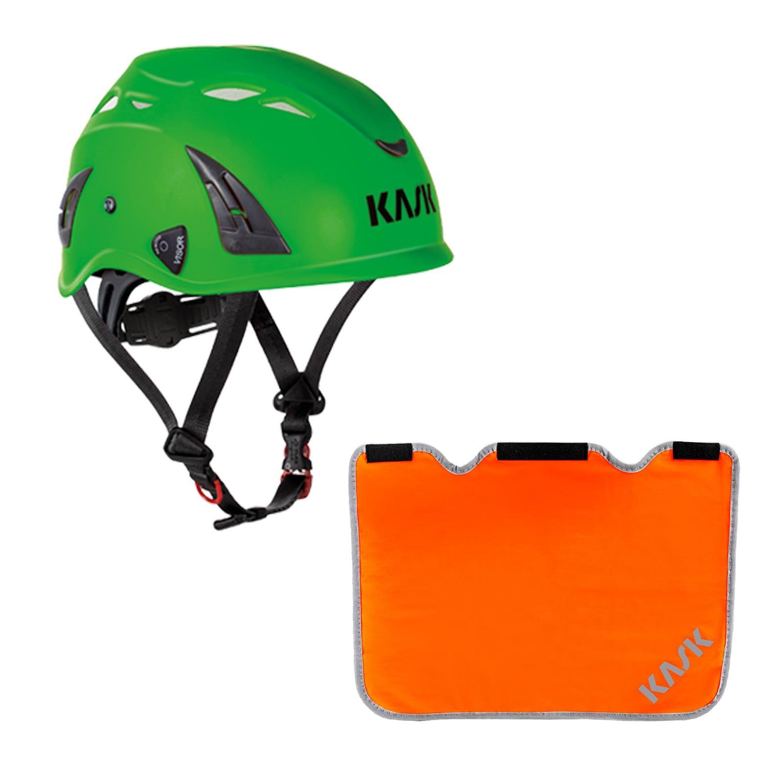 Bau AQ Schutzhelm + Förderung Nackenschutz Kask mit Arbeitsschutzhelm Plasma BG orange hellgrün