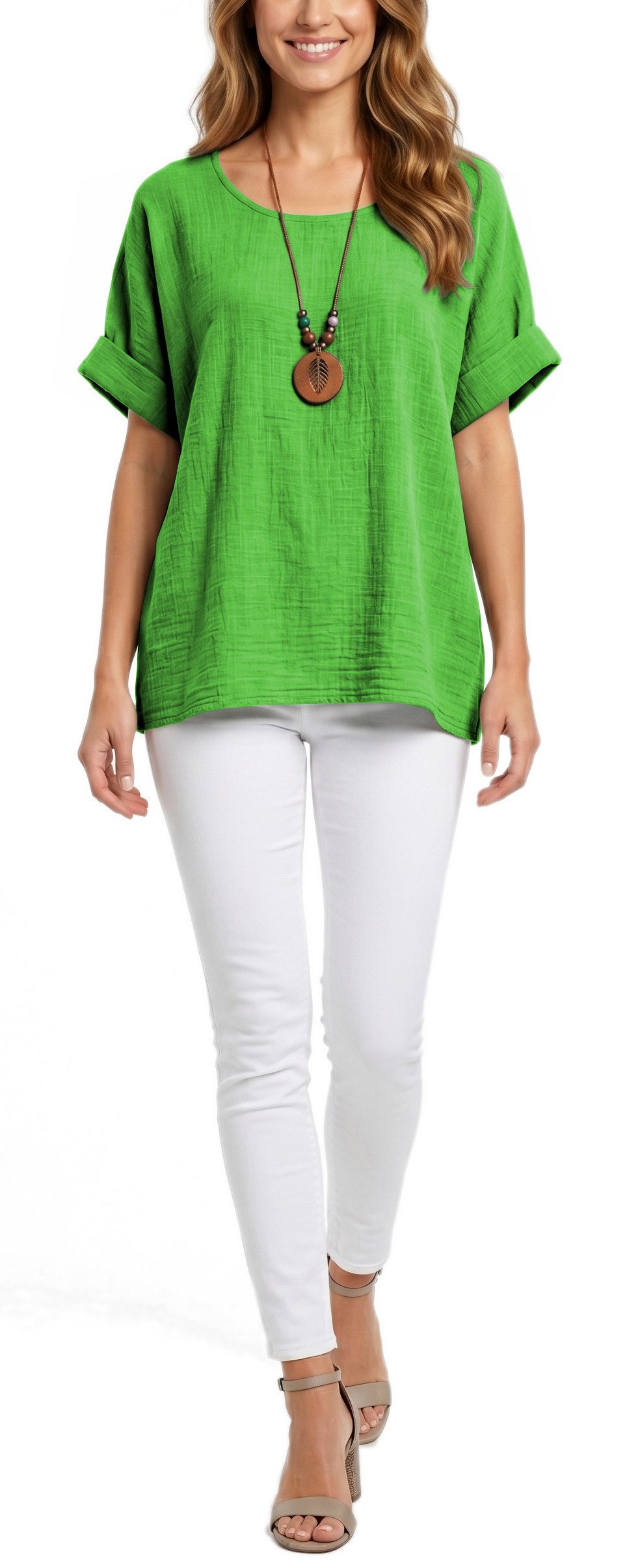 dy_mode Kurzarmbluse Damen Kurzarm Bluse Leichte Sommer Tunika Baumwollbluse Oberteil in Unifarbe, mit passende Kette