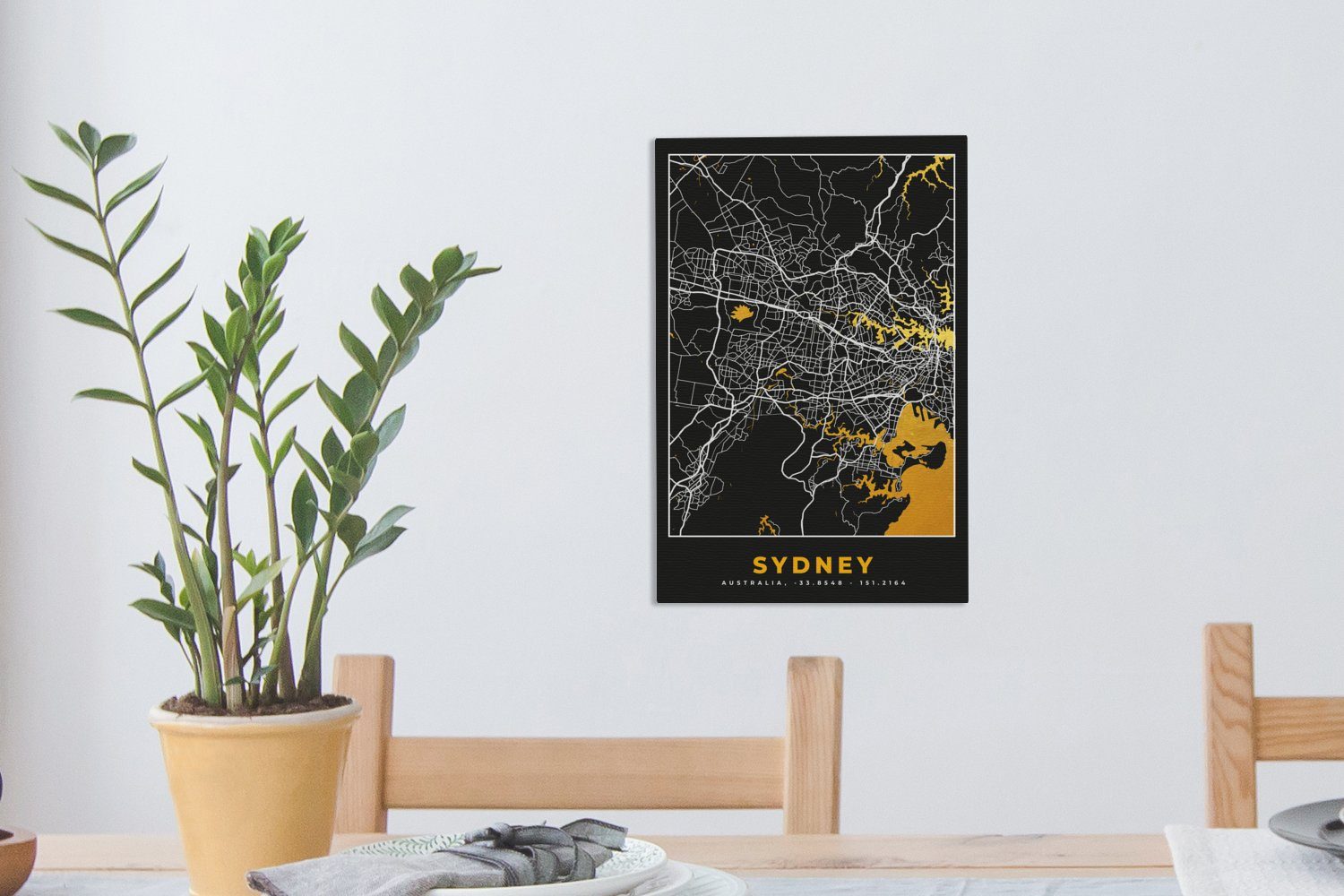 OneMillionCanvasses® Leinwandbild (1 Stadtplan bespannt Zackenaufhänger, - Gold fertig Sydney Karte, 20x30 inkl. St), Leinwandbild - - Gemälde, cm