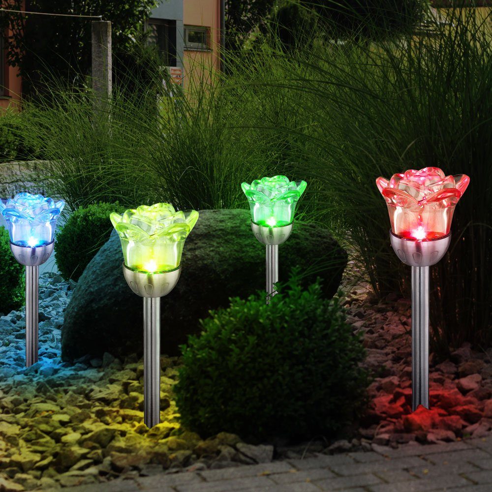etc-shop LED Solarleuchte, LED-Leuchtmittel fest verbaut, Farbwechsel, 4er  Set RGB LED Blumen Solar Rosen Leuchten Erdspieß