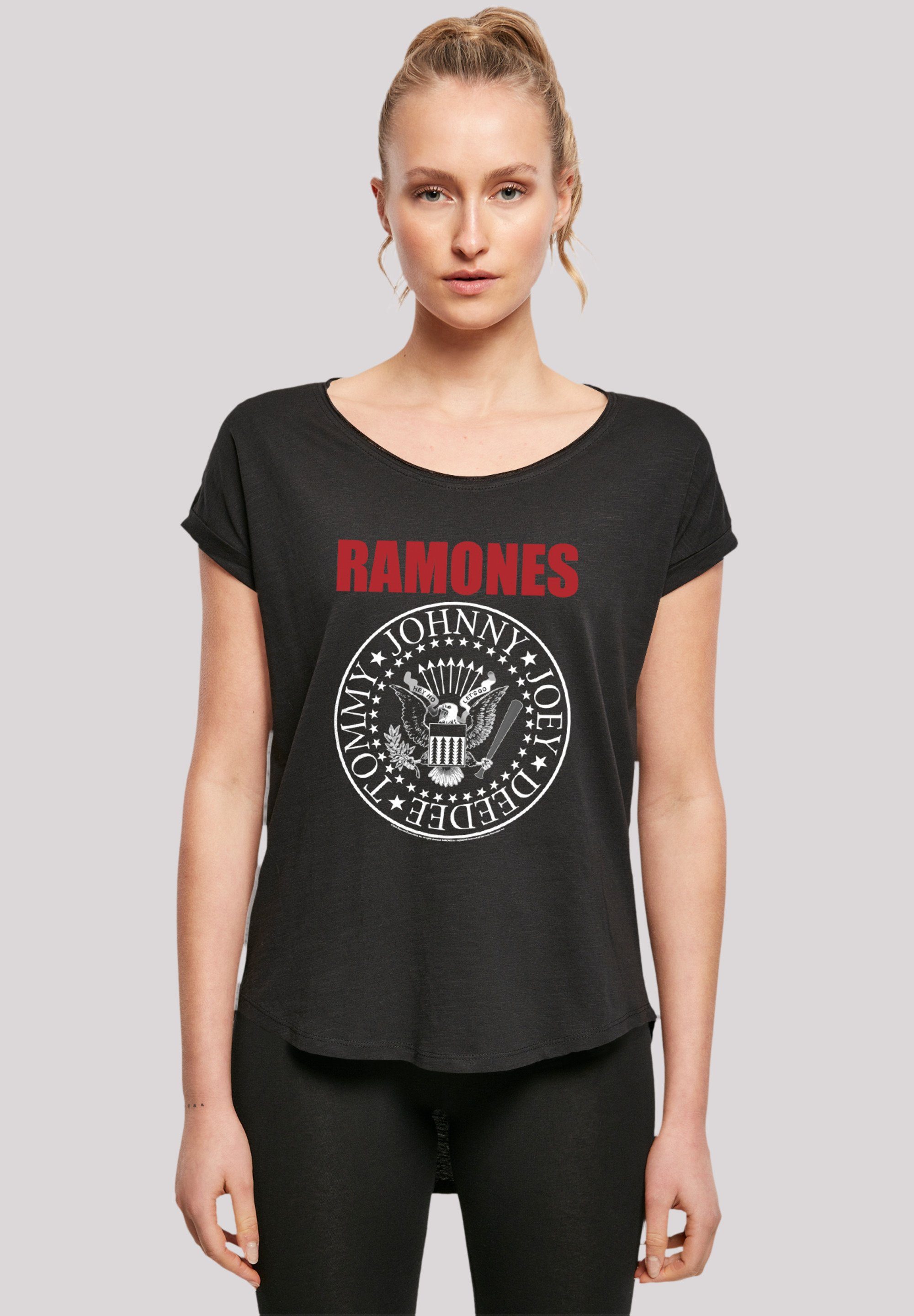 Red T-Shirt Band Text Rock Rock-Musik, Musik Premium geschnittenes Band, Ramones extra Qualität, lang T-Shirt Seal Hinten F4NT4STIC Damen