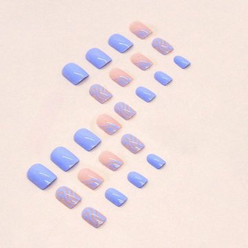 AUKUU Kunstfingernägel Einfarbige Einfarbige kühle blaue gewellte kurze, Maniküre-Sommerwelle tragbare künstliche Nägel