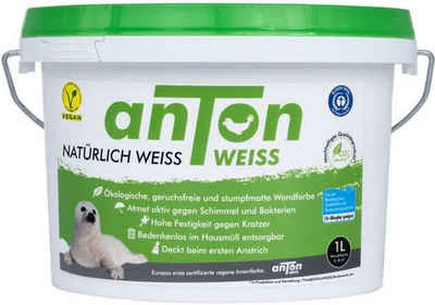 anTon Weiss Wand- und Deckenfarbe Matt-Weiss; NEU: Geruchsfreie mit Power Deckkraft; 1L Mini-Eimer, umweltfreundlich,1L,matt,spritzfrei,geruchsfrei,allergikerfreundlich