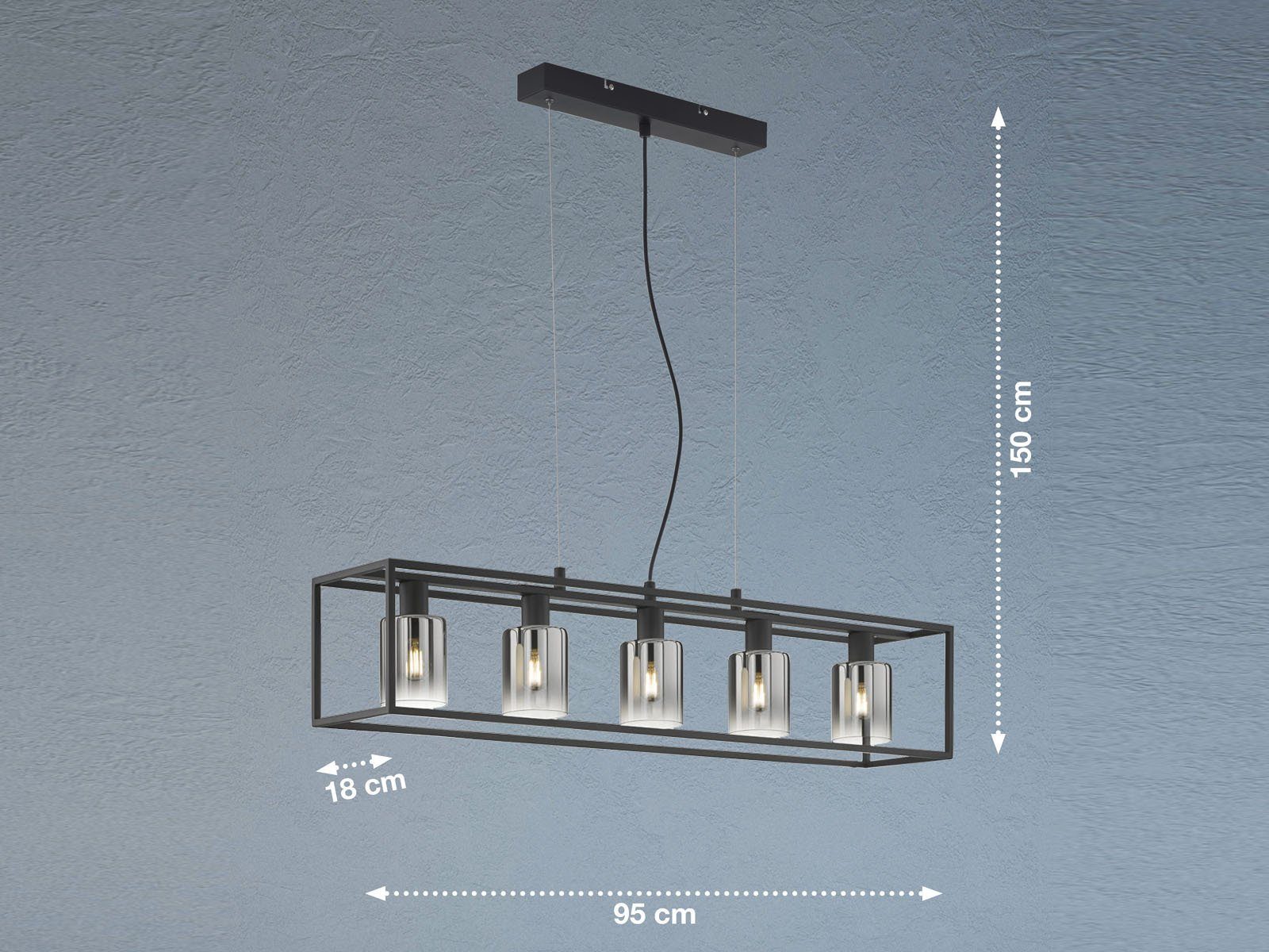 mehrflammig Warmweiß, Balken-Lampe LED wechselbar, Pendelleuchte, meineWunschleuchte LED Rauchglas Lampenschirme Dimmfunktion, Schwarz dimmbar, 95cm