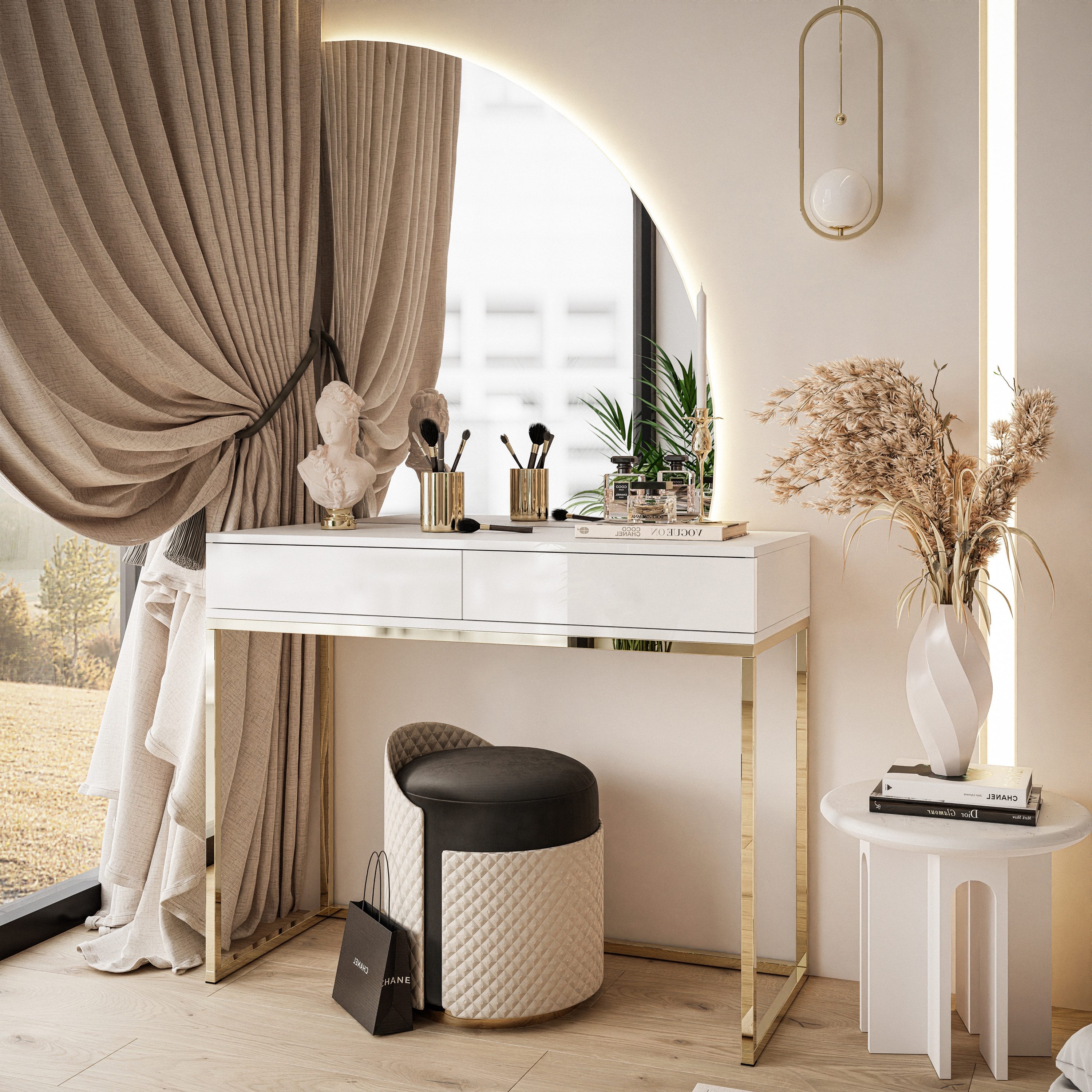 Lookway Schminktisch QUINNIE Weiß mit Goldchrom-Gestell und Spiegel mit LED günstig online kaufen