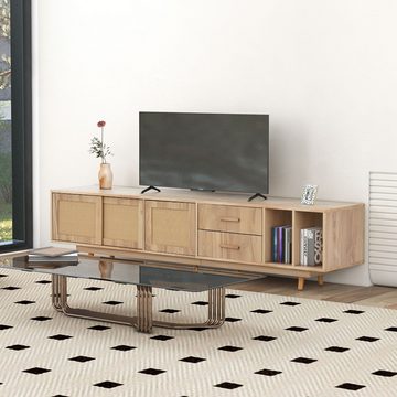 MODFU Lowboard TV-Schrank (TV-Ständer mit Schiebtüren im Landhausstil, Lowboard mit Rattan Geflochten Türen und 2 Schubladen)