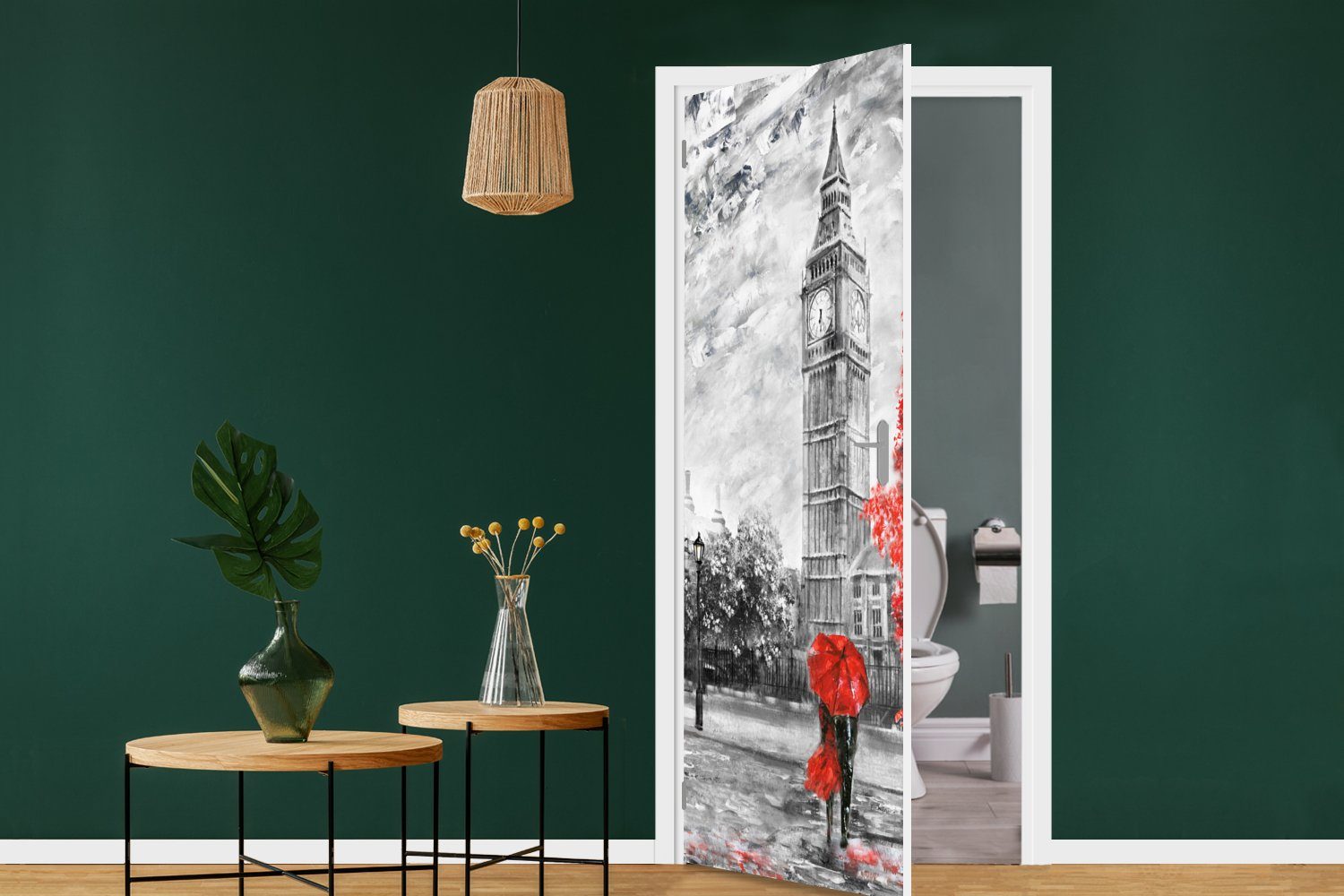 - Fototapete MuchoWow Türaufkleber, Big bedruckt, - Regenschirm, - Gemälde (1 St), Matt, Ben Rot Türtapete für Tür, cm 75x205