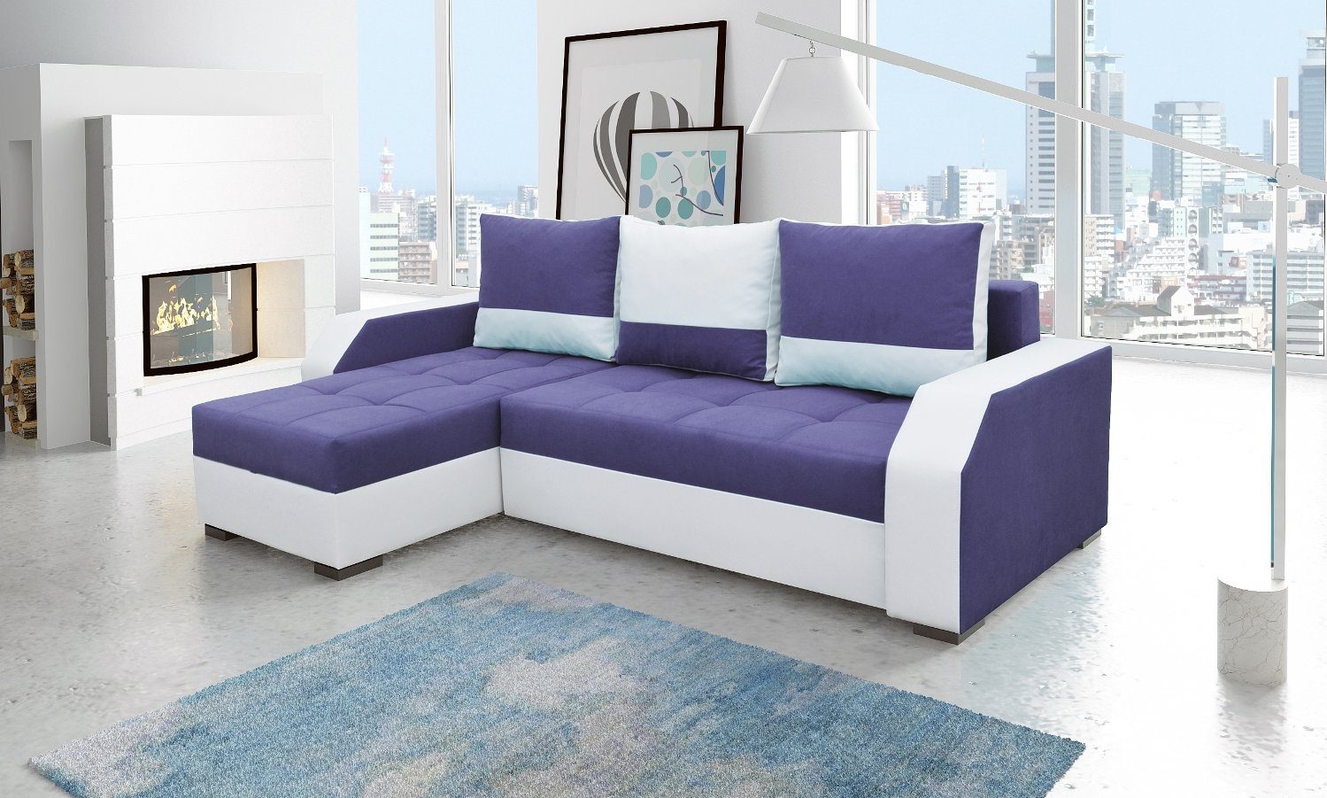 JVmoebel Ecksofa, Design Ecksofa Bettfunktion Couch Leder Textil Polster Sofas Couchen Lila / Weiß
