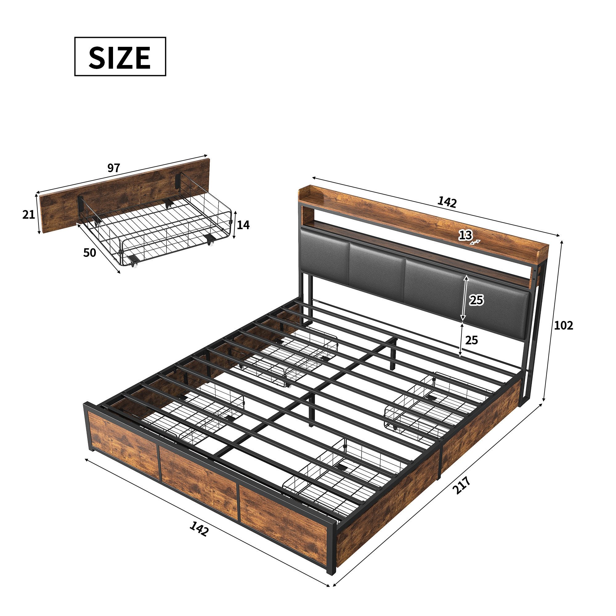 Furnishings Home Polsterbett Holzbett Stauraumbett, Mit LED-Licht und 4 Schubladen (Set, Bettgestell (Ohne Matratze), Mit Stauraum, LED-Beleuchtung, Lattenrost, 140x200 cm