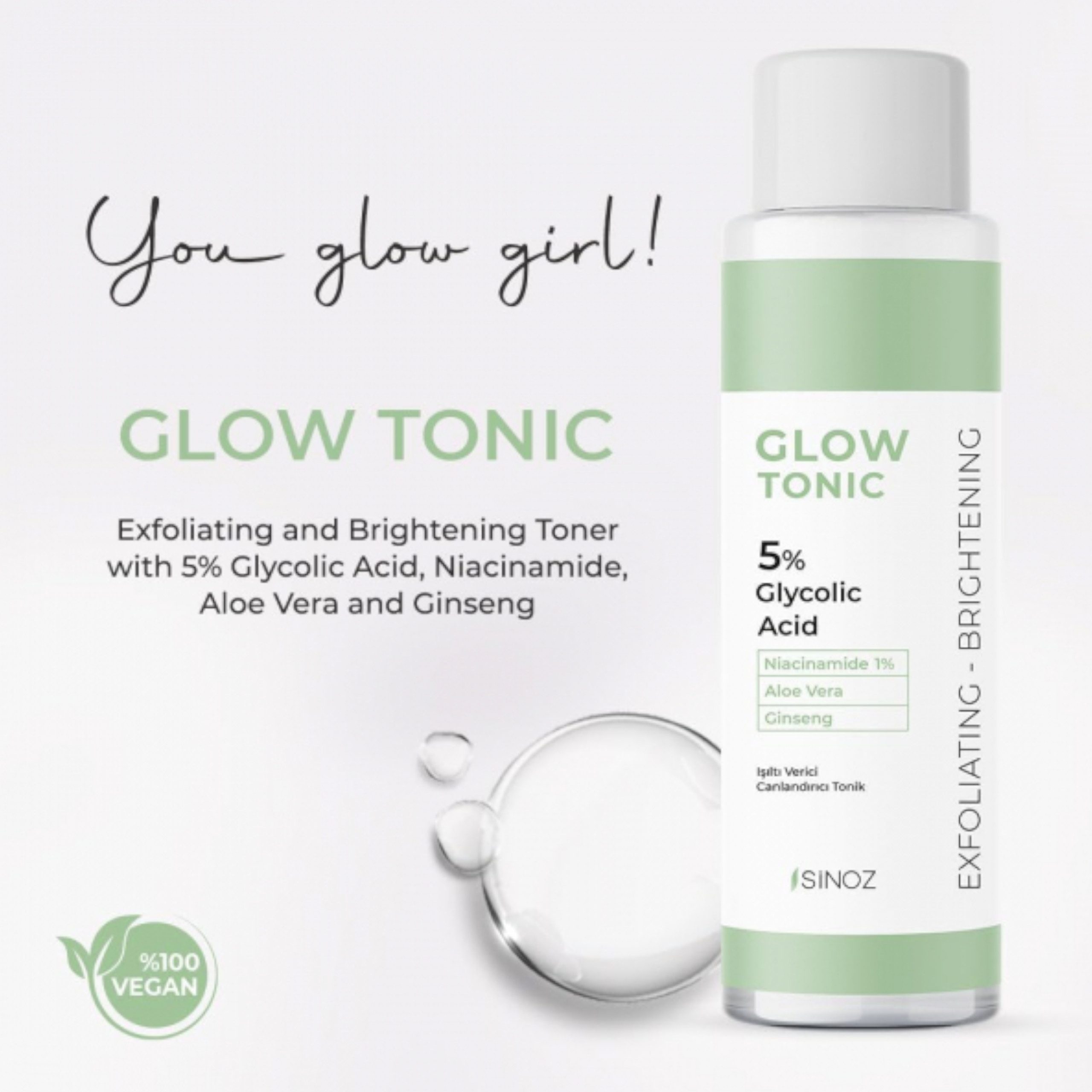 Sinoz Gesichtswasser SINOZ Glow Tonic 5% Glycolic Acid - 200 ml Gesichtswasser