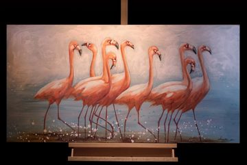KUNSTLOFT Gemälde Flamingoclique 120x60 cm, Leinwandbild 100% HANDGEMALT Wandbild Wohnzimmer