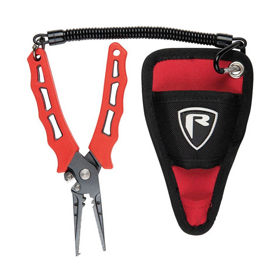 Fox Rage Anglerzange Fox Rage Belt Pliers Zange mit Hülle 18,5cm, Belt Pliers Zange mit Hülle, Hochqulitativer, seitlich öffnender Tungsten-Carbid-Schneider, Mit Profilriffelung in den Backen für zusätzlichen Halt beim Abhaken, Mit Klemmbereich zum Crimpen, Spitze der Zange als Werkzeug zum Öffnen von Sprengringen vorgesehen, Federmechanismus macht die Zange auch einhändig ganz einfach einsetzbar, Leichter, lang ausgezogener Handgriff für guten Halt und Nutzungskomfort, Ergonomische, gummierte und dank der leuchtend roten Farbe einfach zu sehende Griffüberzüge