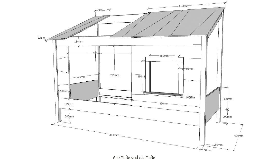 Vipack Hausbett Hausbett, offenem lackiert 200 Dach, cm, x mit weiß Vorhang-Set, Liegefläche 90