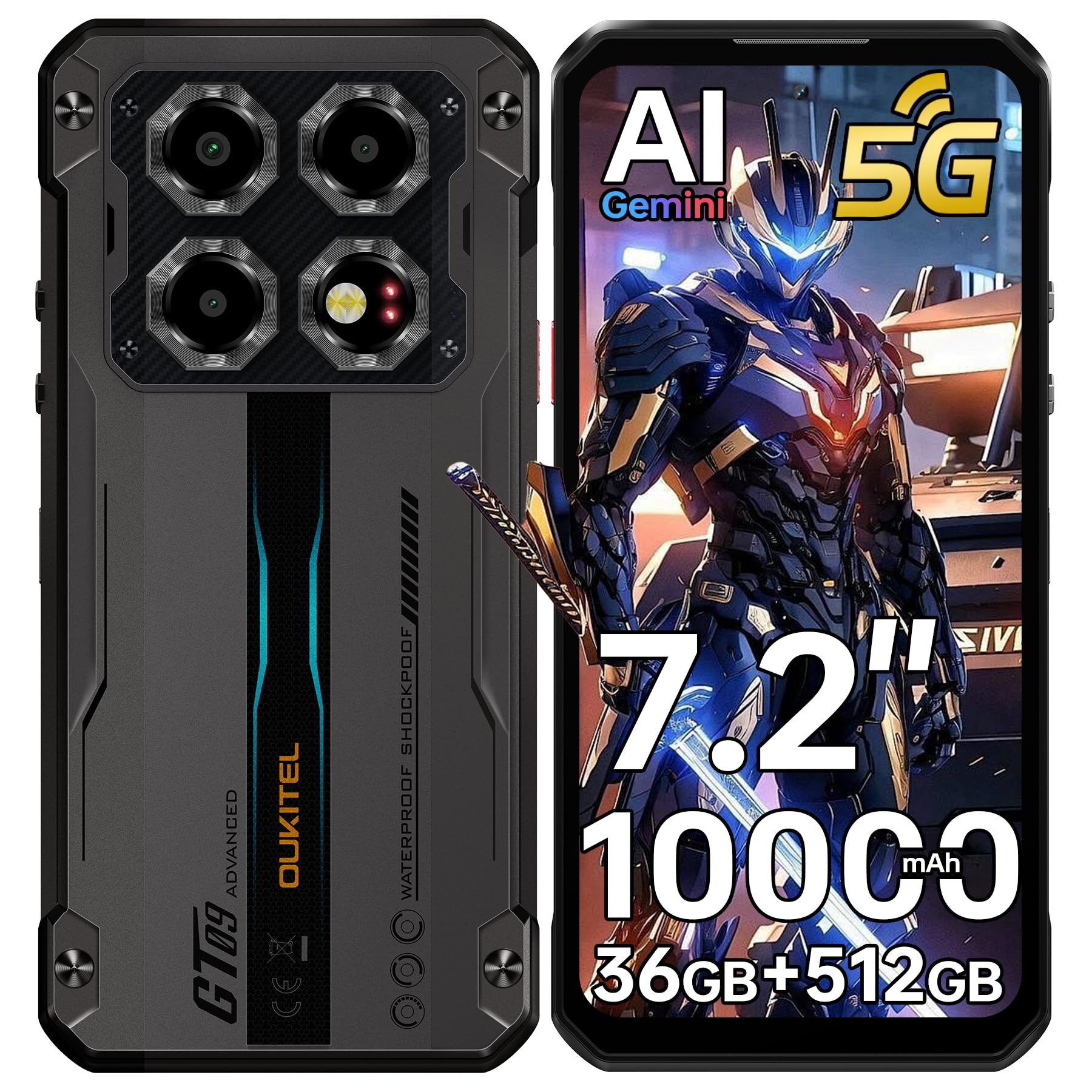 OUKITEL WP60 5G Outdoor Smartphone (18,28 cm/7.2 Zoll, 512 GB Speicherplatz, 108 MP Kamera, 36GB+512GB, IP68 Baustellenhandy, 10000mAh, NFC, OTG, GPS)