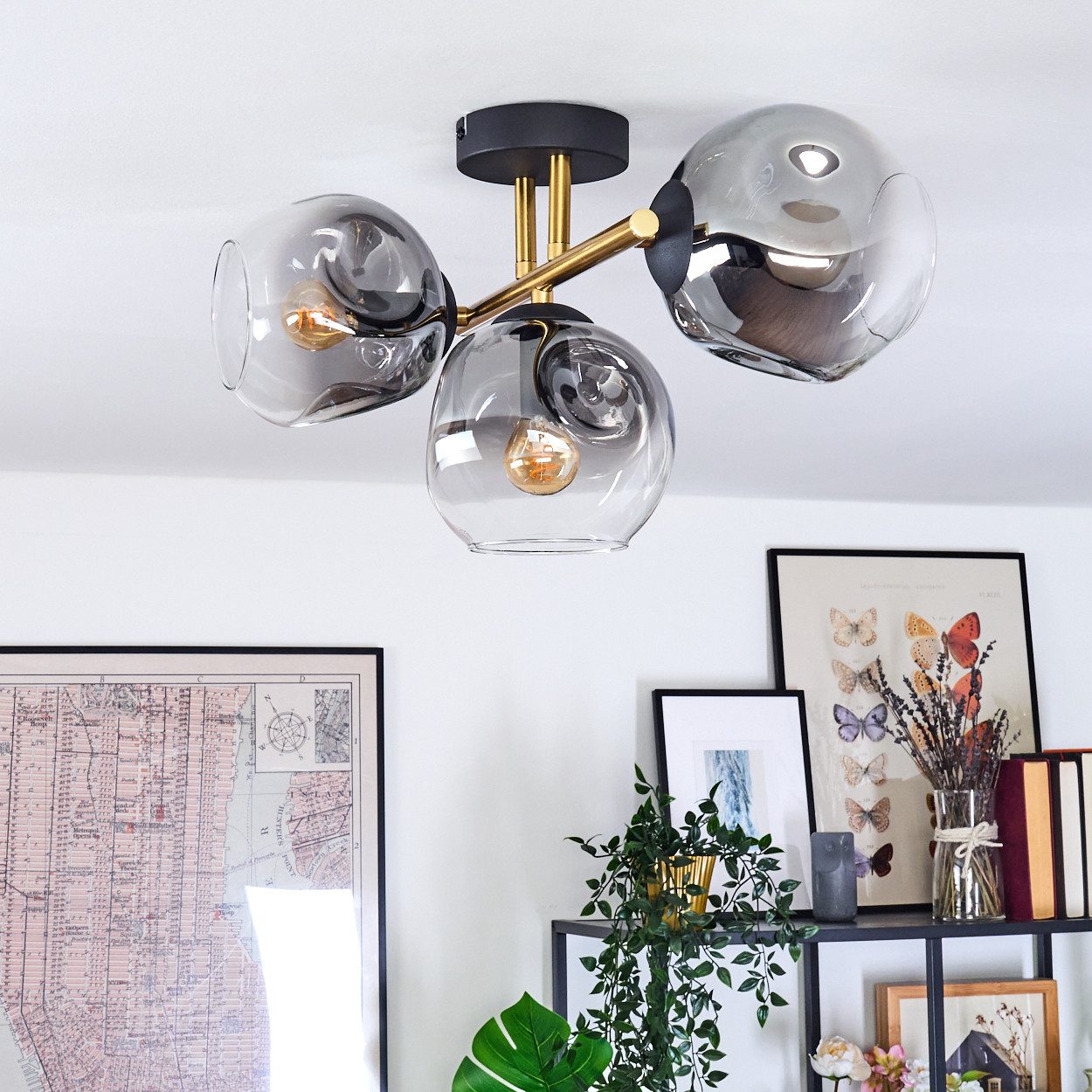 hofstein Deckenleuchte Deckenlampe aus Metall/Glas in Schwarz/Gold-/Rauchfarben/Klar, Deckenleuchte im modernen Vintage-Design (Schirme Ø 15 cm), 3 x E14