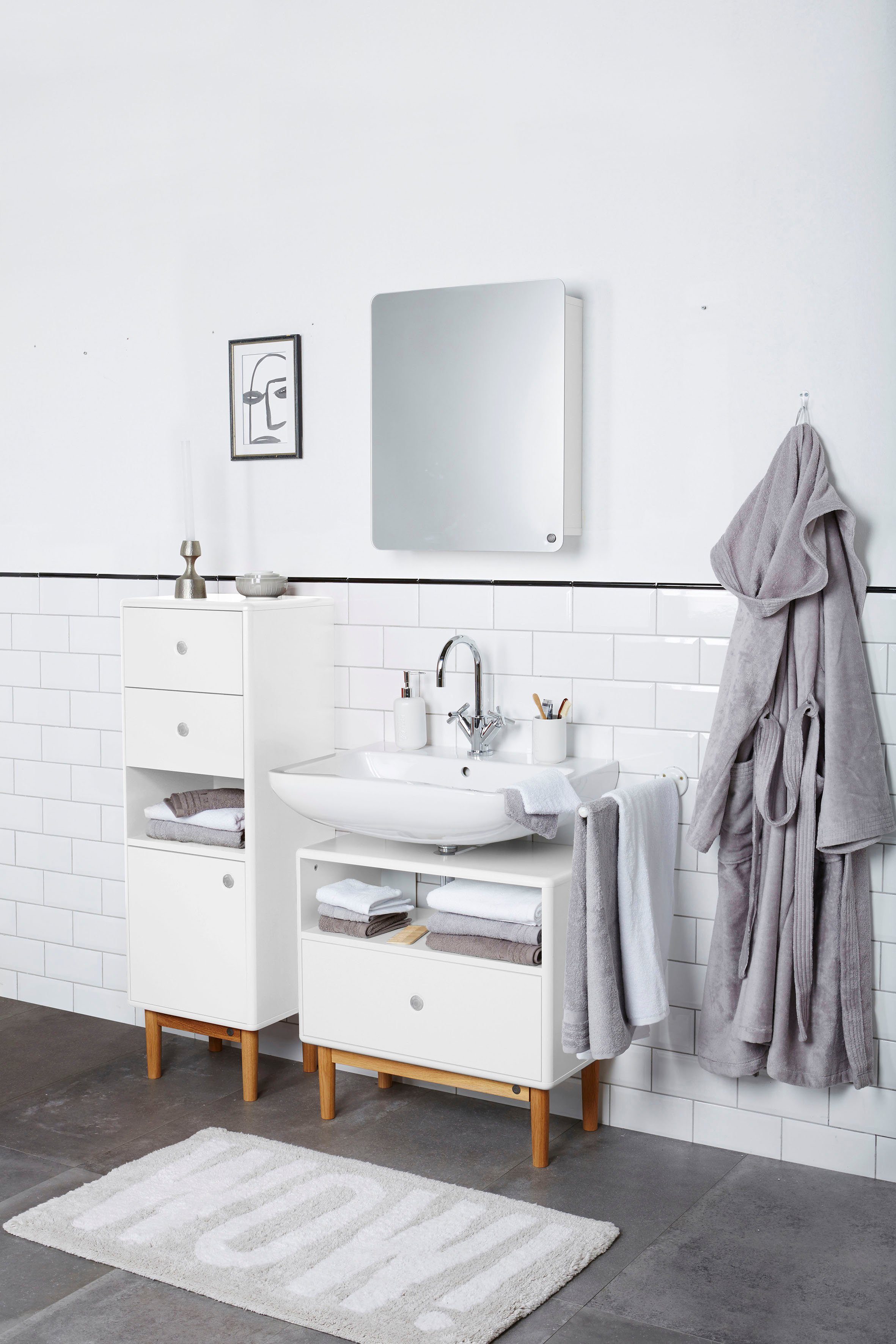 mit Waschbeckenunterschrank Schublade, white BATH COLOR Füßen mit brilliant in 65 mit TOM cm HOME Breite TAILOR Push-to-Open, Eiche,