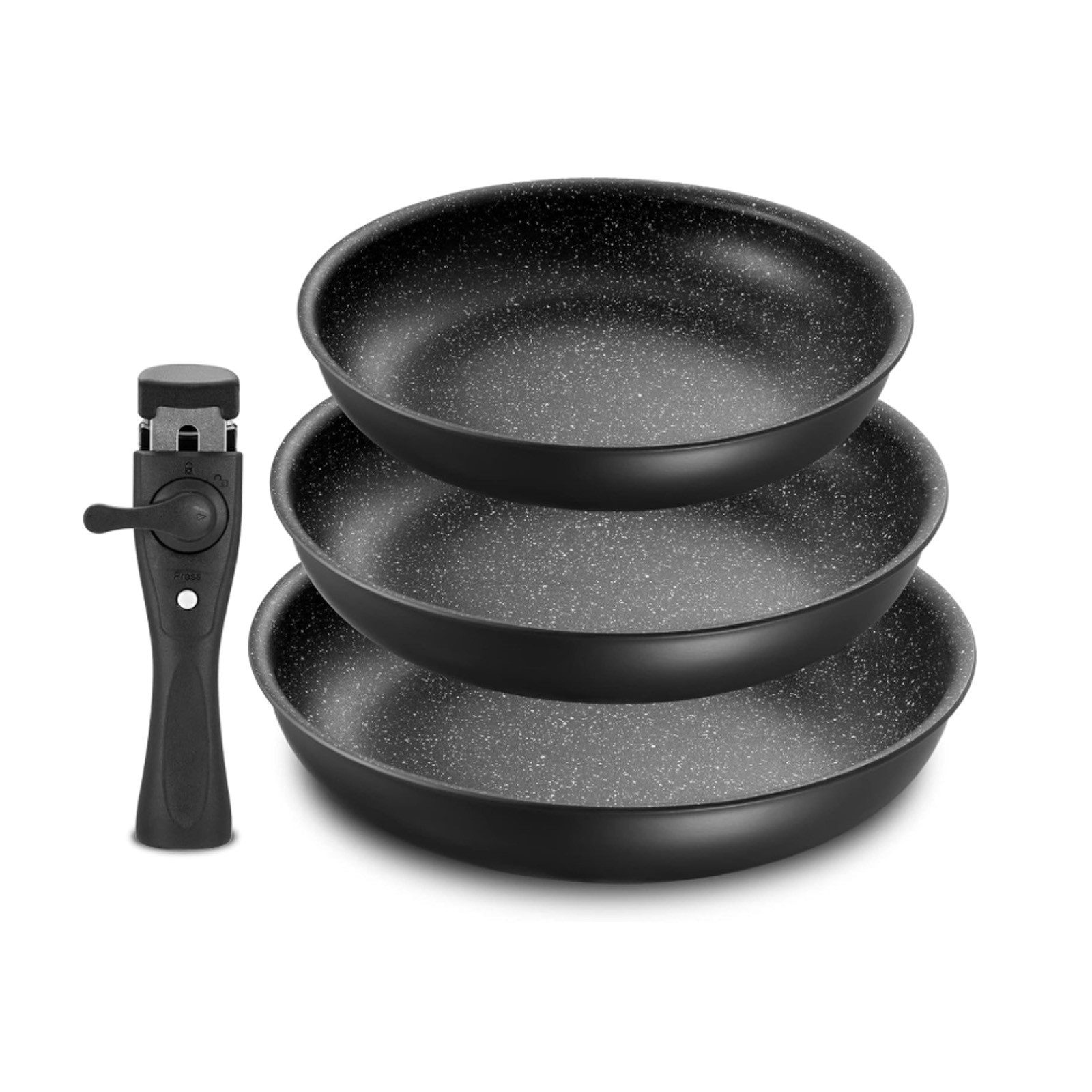 SunJas Pfannen-Set D-Pan301 Bratpfanne set mit Antihaftbeschichtete abnehmbarem Griff, Aluminium (Bratpfannen Ø 20/24/28 cm, 3-tlg., für aller Herdarten geeignet)