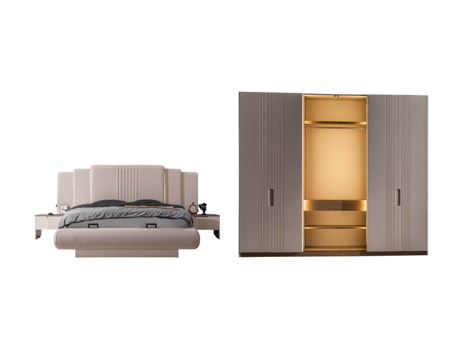 Villa Möbel Schlafzimmer-Set Santo, (Schlafzimmer-Set, 4-tlg., Bett mit Kopfteil, 2 Nachttische und Kleiderschrank), Schlafzimmer Set Stauraumbett Beleuchtung viel Stauraum