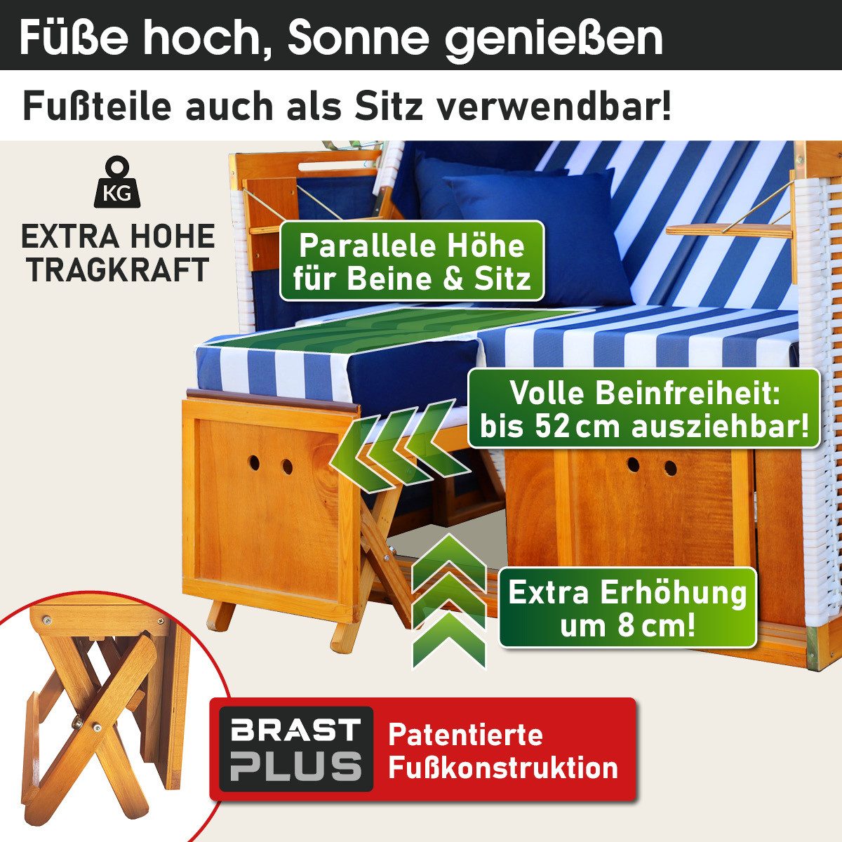 BRAST Strandkorb für 2 Personen, 120cm breit, 4 Designs, BxTxH: 120x79x150 cm, Volllieger, Norderney Deluxe, (verstellbare Rückenlehne weiches Fußkissen)