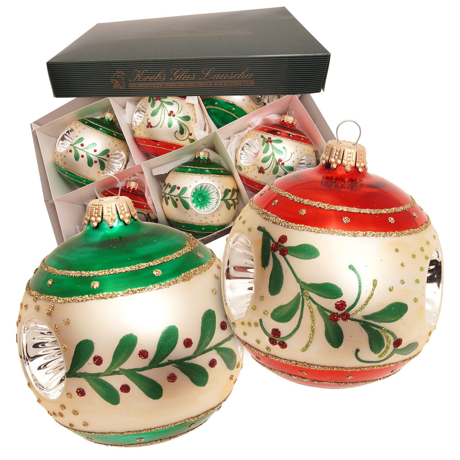 Krebs Glas Lauscha Weihnachtsbaumkugel Weihnachtskugel Reflektor- und Kugelset silber 8cm, Dekoriert mit Liebe zum Detail