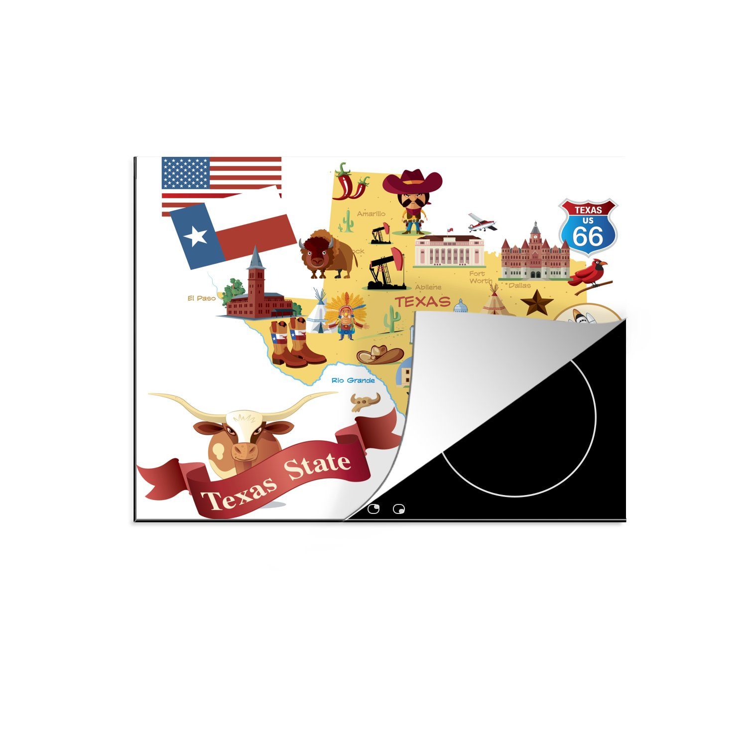 MuchoWow Herdblende-/Abdeckplatte Cartoon-Illustration einer Karte von Texas, Vinyl, (1 tlg), 60x52 cm, Mobile Arbeitsfläche nutzbar, Ceranfeldabdeckung