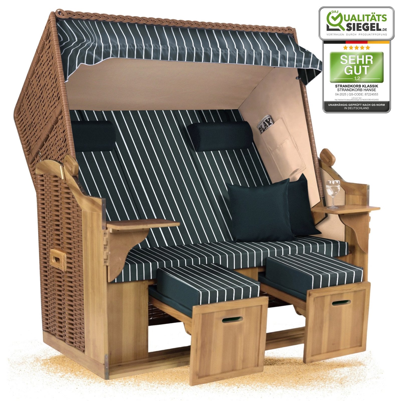 Strandkorb Hanse Strandkorb Strandkorb Ostsee XXL 2,5-Sitzer Volllieger Beige Grün, BxTxH: 150x80x160 cm, Ostsee XXL Volllieger, Ostsee 2,5-Sitzer Modell 2025, Stabiles Wacholder mit handgefertigtem Polyrattangeflecht