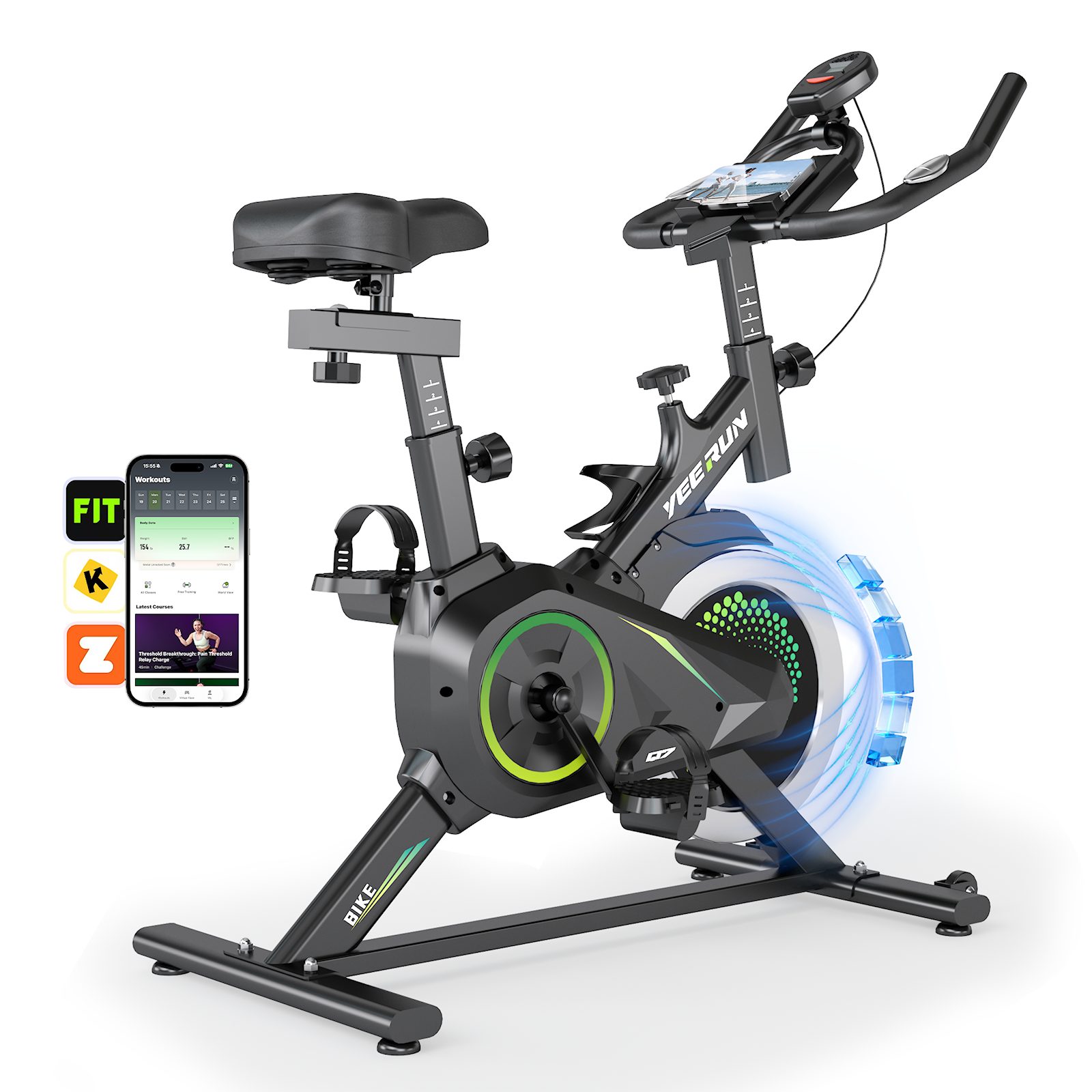YEE RUN Heimtrainer Fahrrad mit App, Stationary Bike, 100% einstellbarer Widerstand, Heimtrainer Fahrrad, Fitness-Apps per Smart phone/Tablet