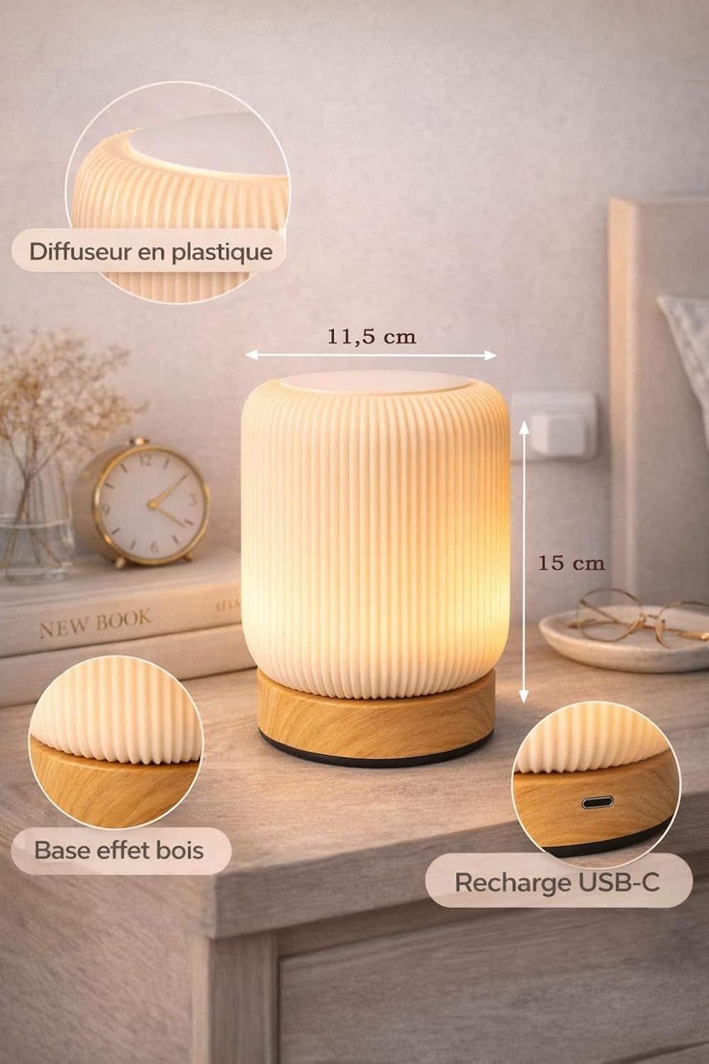 Fyrove LED Nachtlicht Touch‑Nachttischlampe, dimmbares LED‑Nachtlicht, USB‑Anschluss, LED fest integriert, Soft-Light-Touch-Steuerung,Nachtlicht für Kinder,3 He – Bild 4 von 5