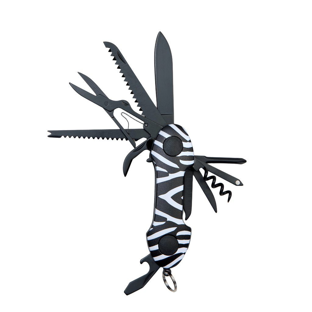 Munkees Universalmesser Taschenmesser Zebra 15 Funktionen mit Schlüsselring, weiß, (Einzelartikel, 1 St), 15 Funktionen, Zebra-Muster, Multifunktionswerkzeug