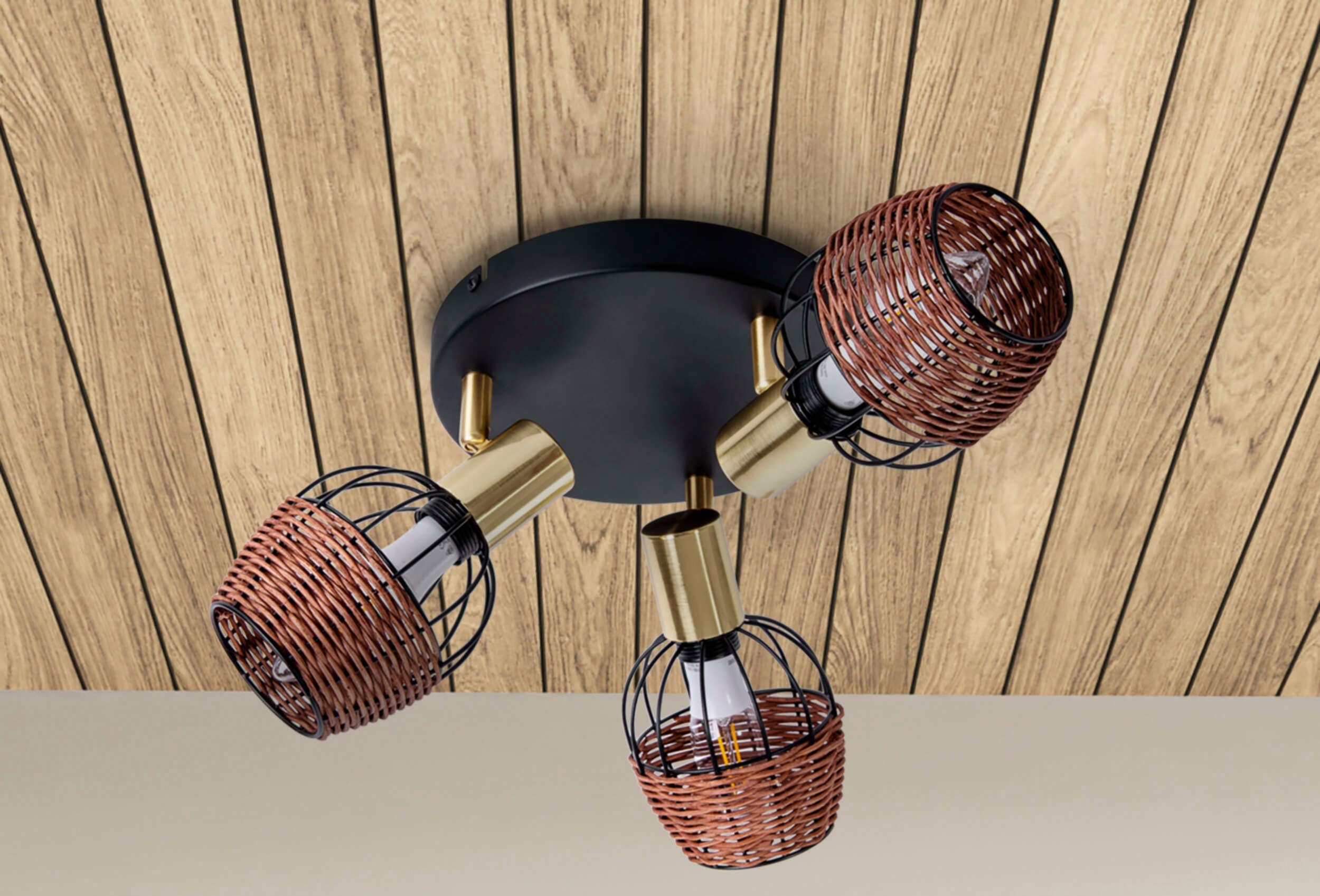 näve Deckenspots Corbis, ohne Leuchtmittel, 3 Spots excl. E14 max. 40W schwarz/natur/gold D: 38cm mit Rattan