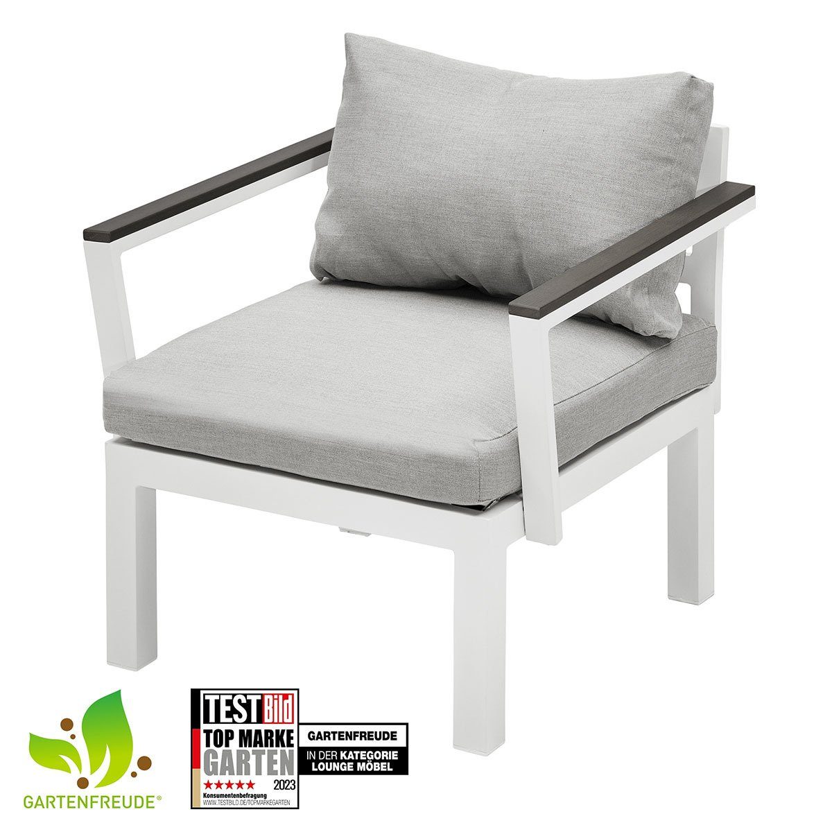 Gartenfreude Gartentisch Stoff Grau wasserabweisenden Aluminium mit Ambience Weiß Sessel Kissen (1-St), 