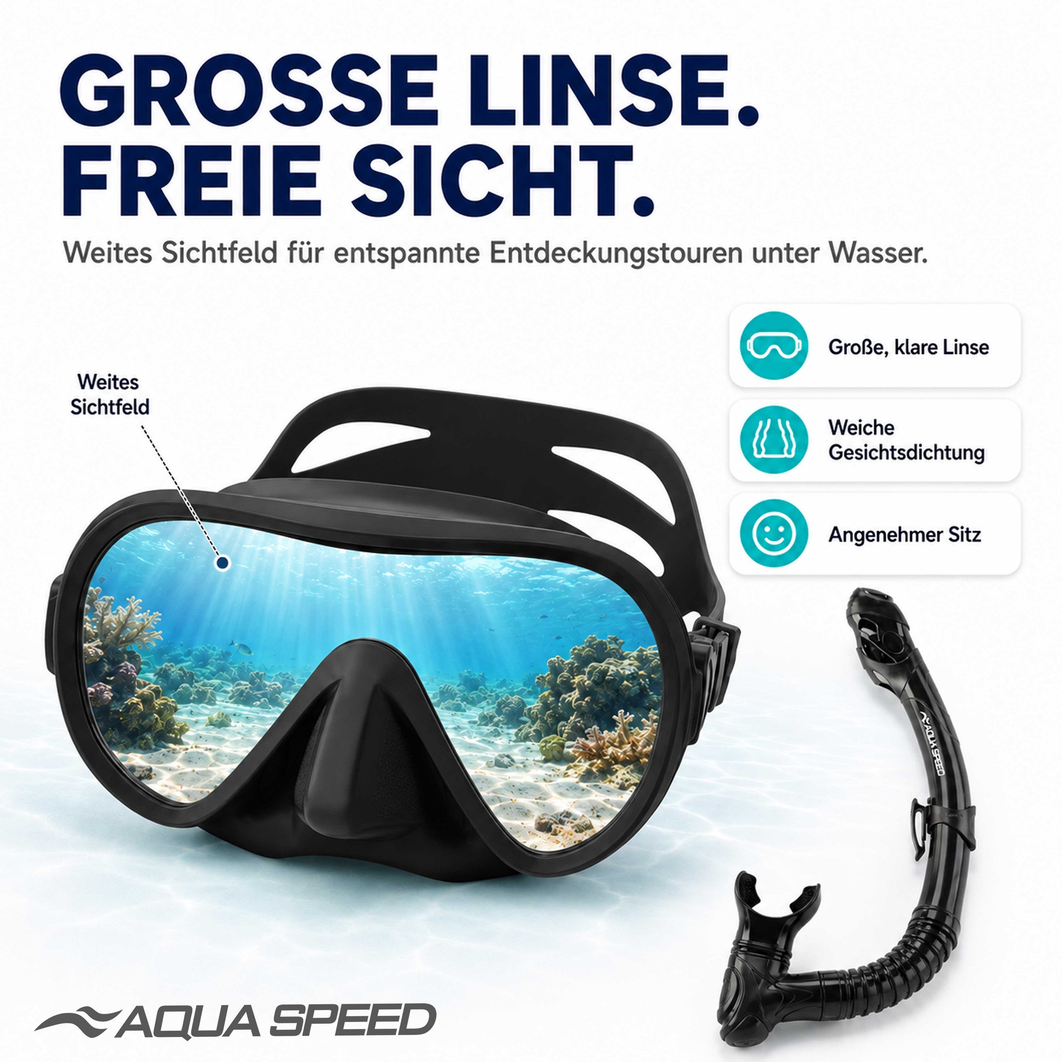 Aqua Speed Schnorchel Carprera & Elba Tauchmaske und Schnorchel Set, Taucher Set (Schwimmmaske mit gehärtetem Glas), Taucherbrille Stoffband Einzellinse – Bild 3 von 5