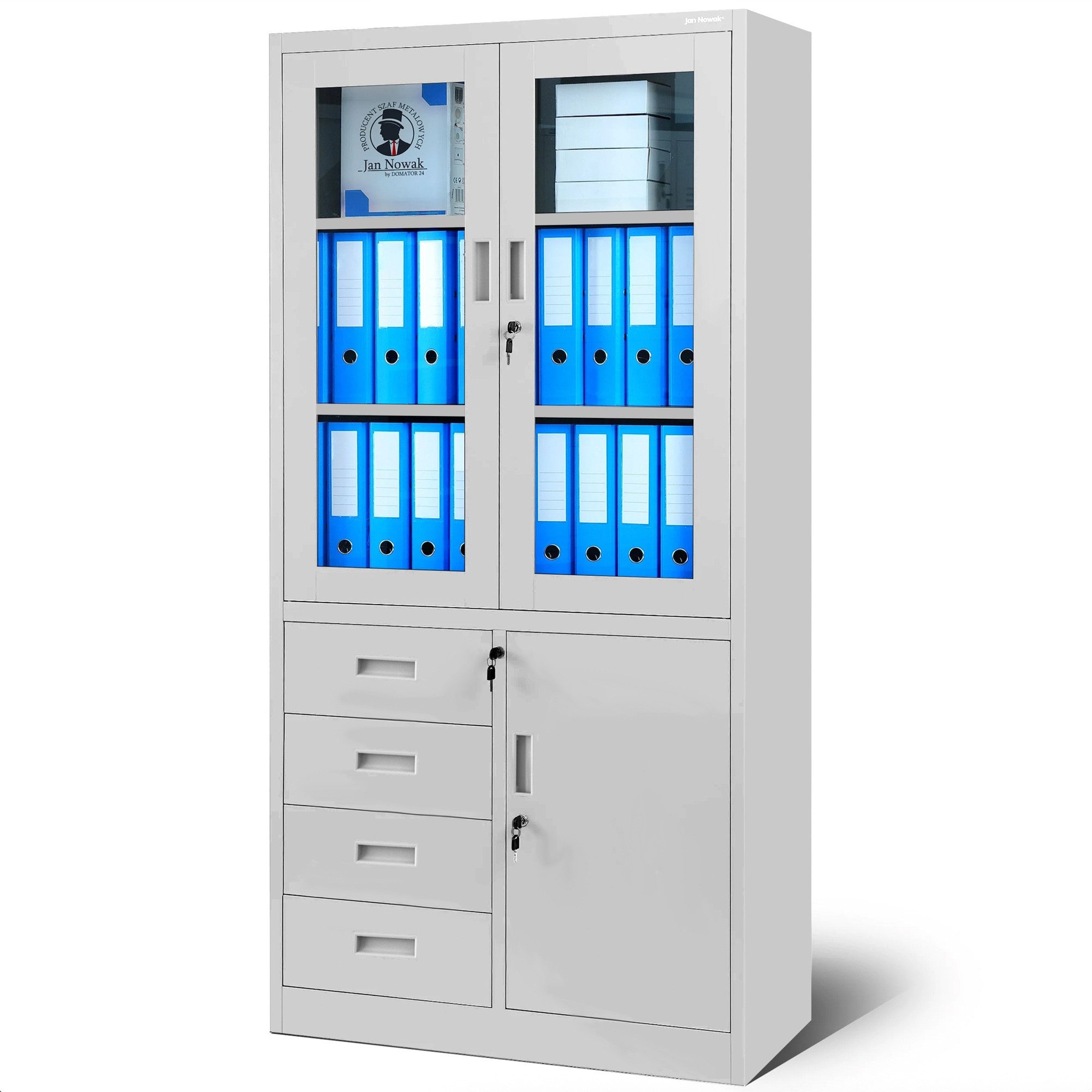 Jan Nowak Vitrine Metall Vitrinenschrank Schubladen 90 cm WIOLA Glasscheiben Stahl (Stahl 0,6 mm Wandmontage möglich 185 x 90 x 40 cm DSGVO) Büroschrank abschließbar Schloss 2 Schlüssel robust 3 Farben PZH