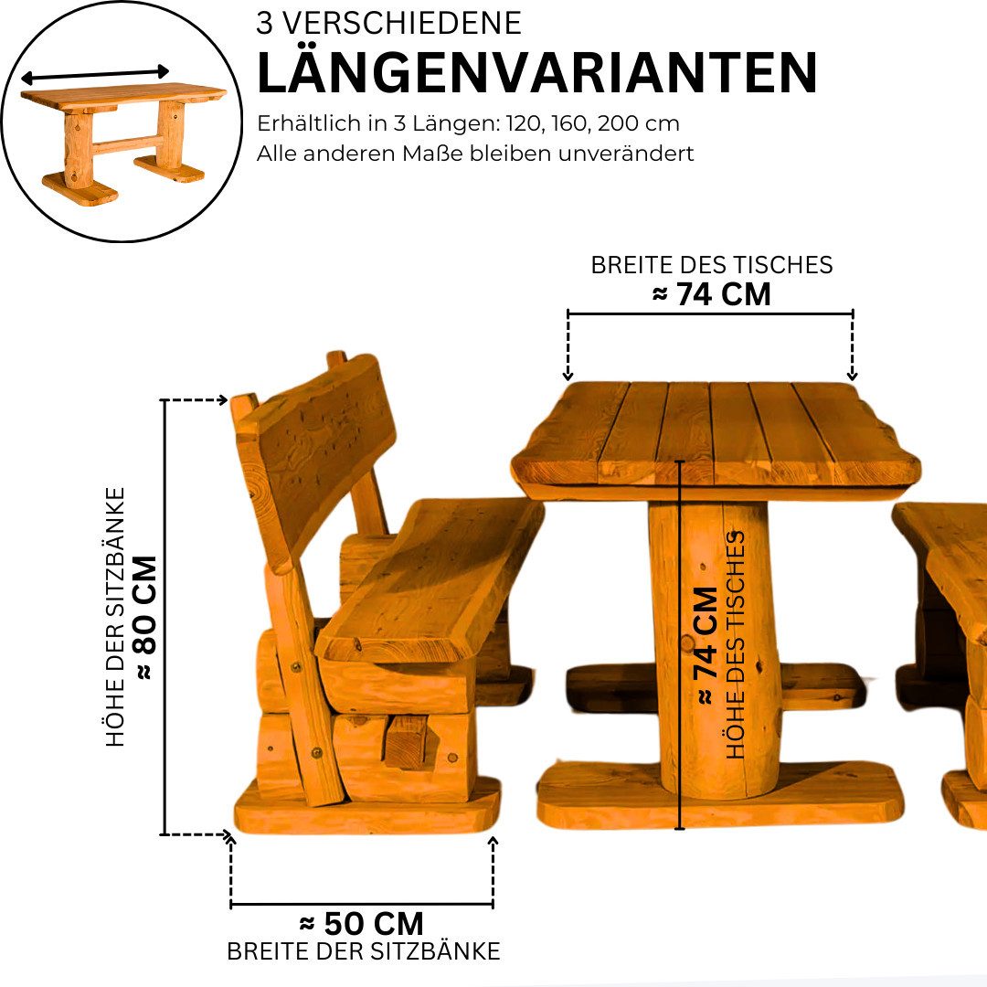 Mega-Holz Garten-Essgruppe Massive rustikale Gartengarnitur Kiefer Inkl. Sitzauflagen 120-200 cm, (Set, 1 Tisch, 2 Bänke), Komplett-Set - 120 cm Breit Ohne Sitzauflagen