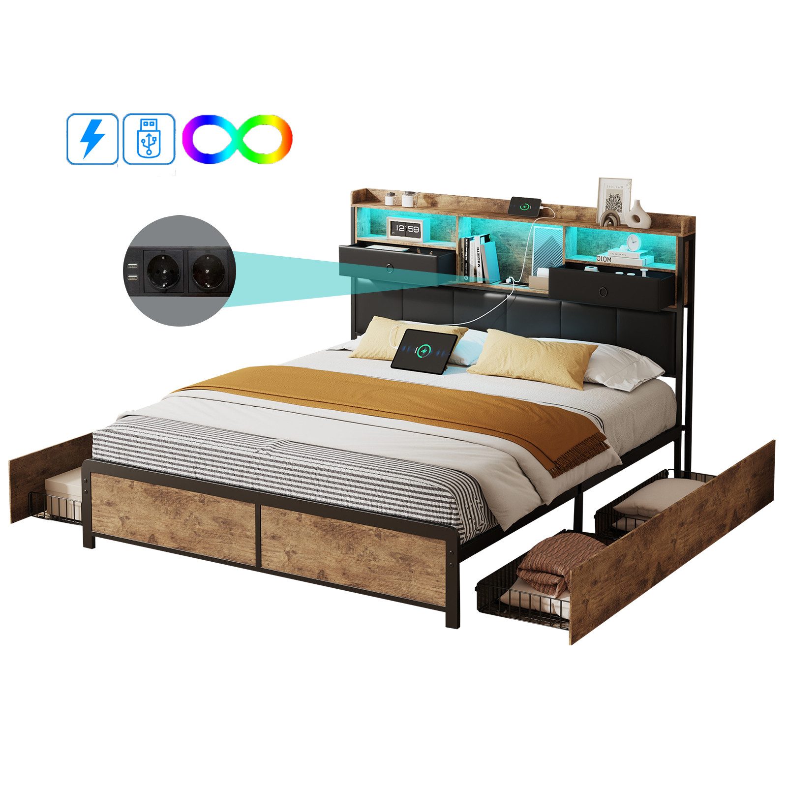 FUROKOY Polsterbett Doppelbett,Bettgestell mit LED Kopfteil günstig online kaufen