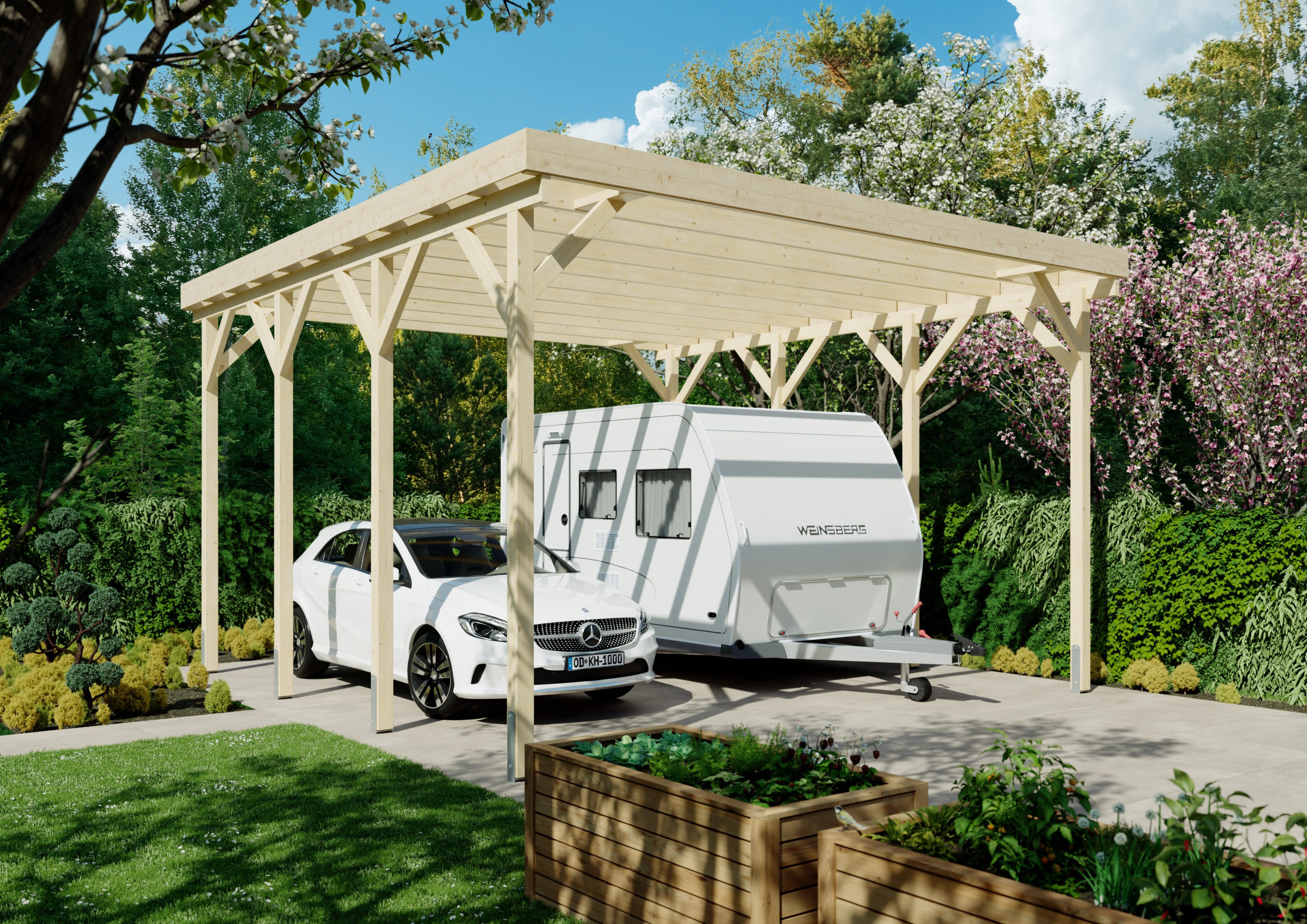KONIFERA Doppelcarport Pluto II, BxT: 600x650 cm, 352 cm Einfahrtshöhe, für Wohnmobile, Leimholz naturbelassen, PET-Flachdach lichtdurchlässig