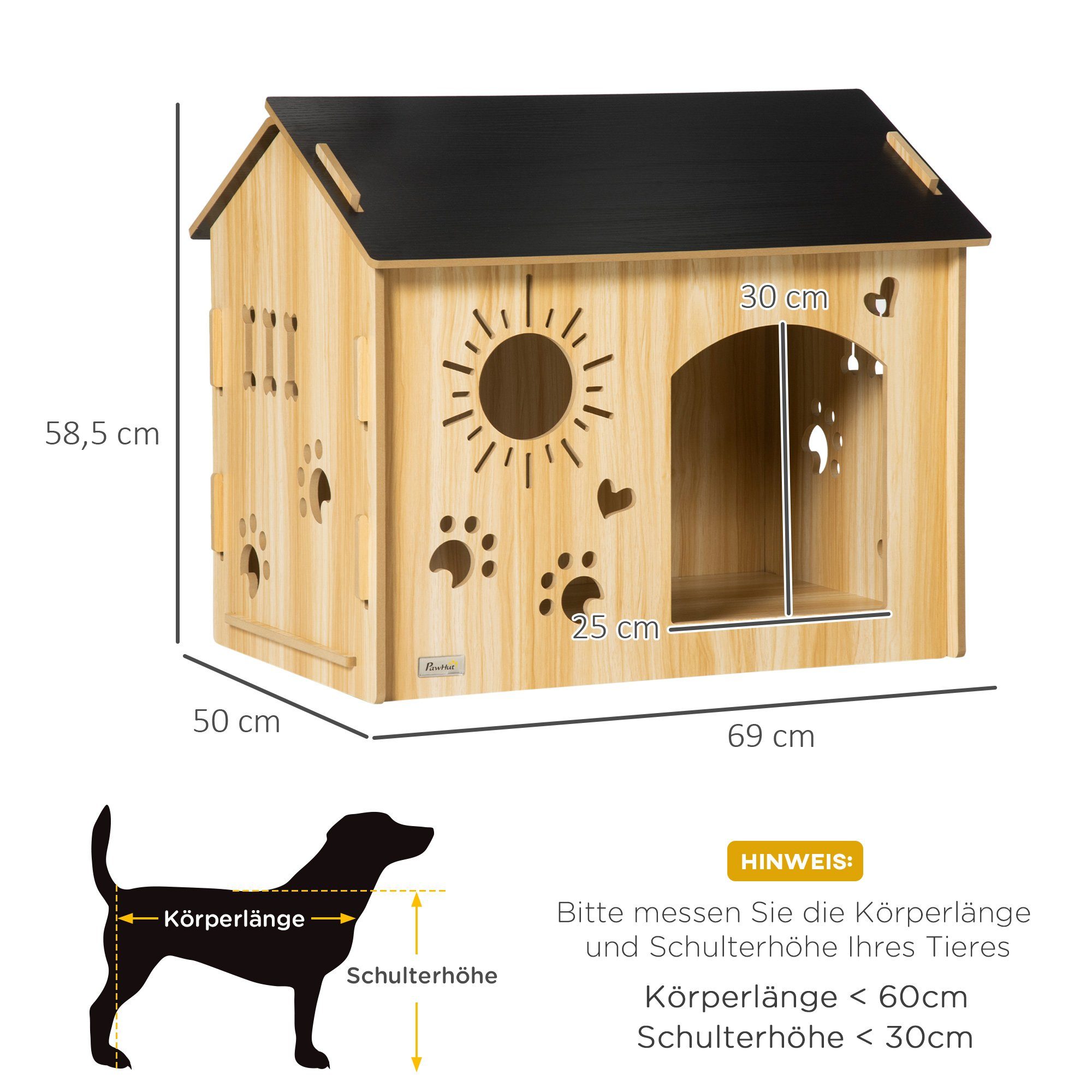 PawHut Hundehütte Hundehaus mit Dach Hundehöhle Indoor, Eiche+Schwarz 69 x 50 x 58,5 cm