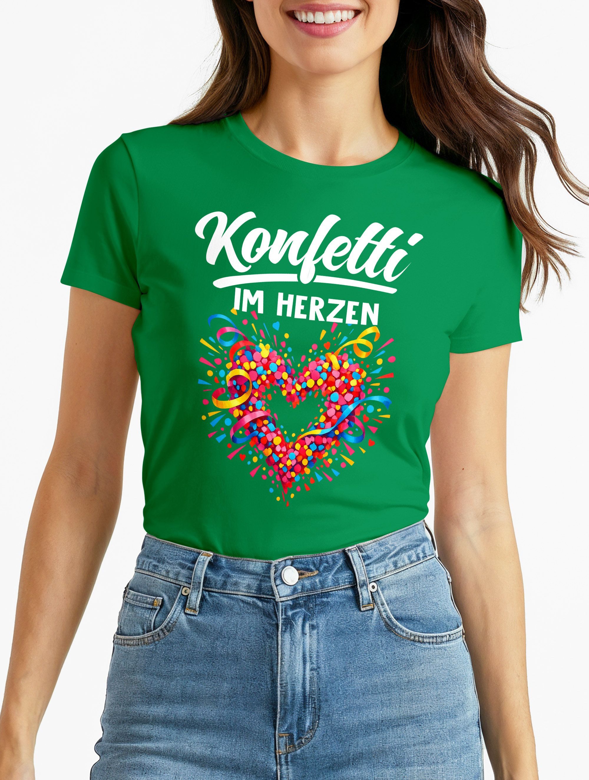 Print-Shirt Damen T-Shirt - Spruch Konfetti im Herzen - Fasching Karneval Ersatz