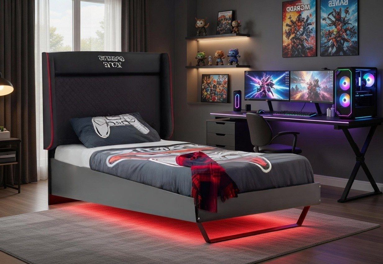 Xlmoebel Kinderbett Schwarzes Kinderbett mit rotem LED-Licht und Holzgestell (Kinderbett, Kinderbett mit LED-Beleuchtung), Made in Europa