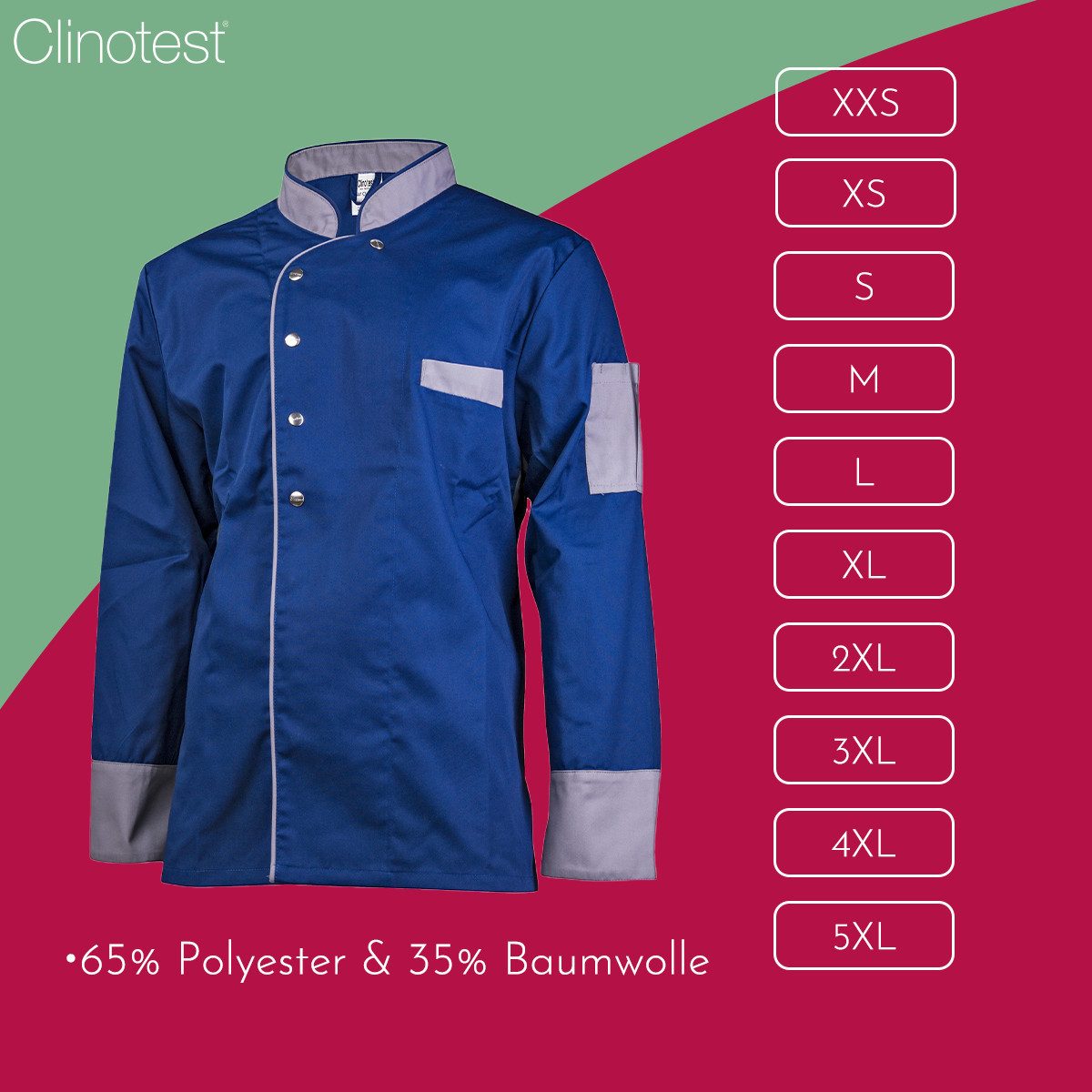 Clinotest Kochjacke langarm - 95 Grad waschbare, kochfeste Kochjacken ohne Einlaufen (1-St) Kochhemd aus 65% Polyester, 35% Baumwolle, mit Druckknopfverschluss – Bild 3 von 5