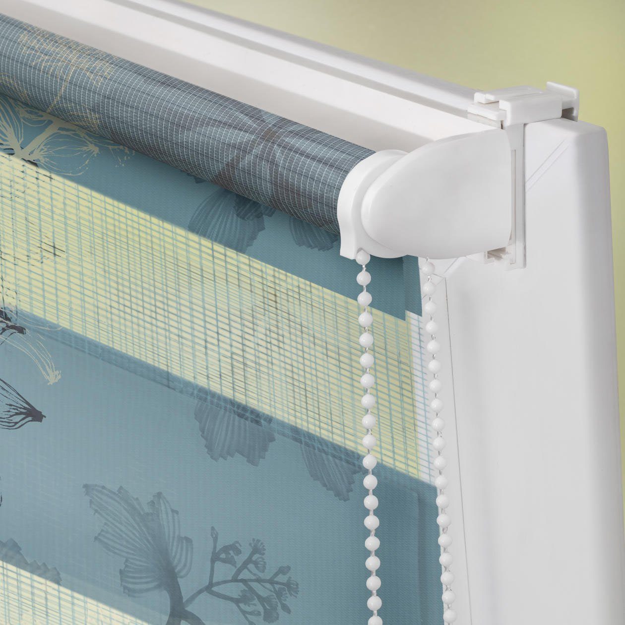 Doppelrollo Duo Rollo Klemmfix, ohne Bohren, blickdicht, Aqua Floral - Blau, LICHTBLICK ORIGINAL, halbtransparent, freihängend, Klemmfix