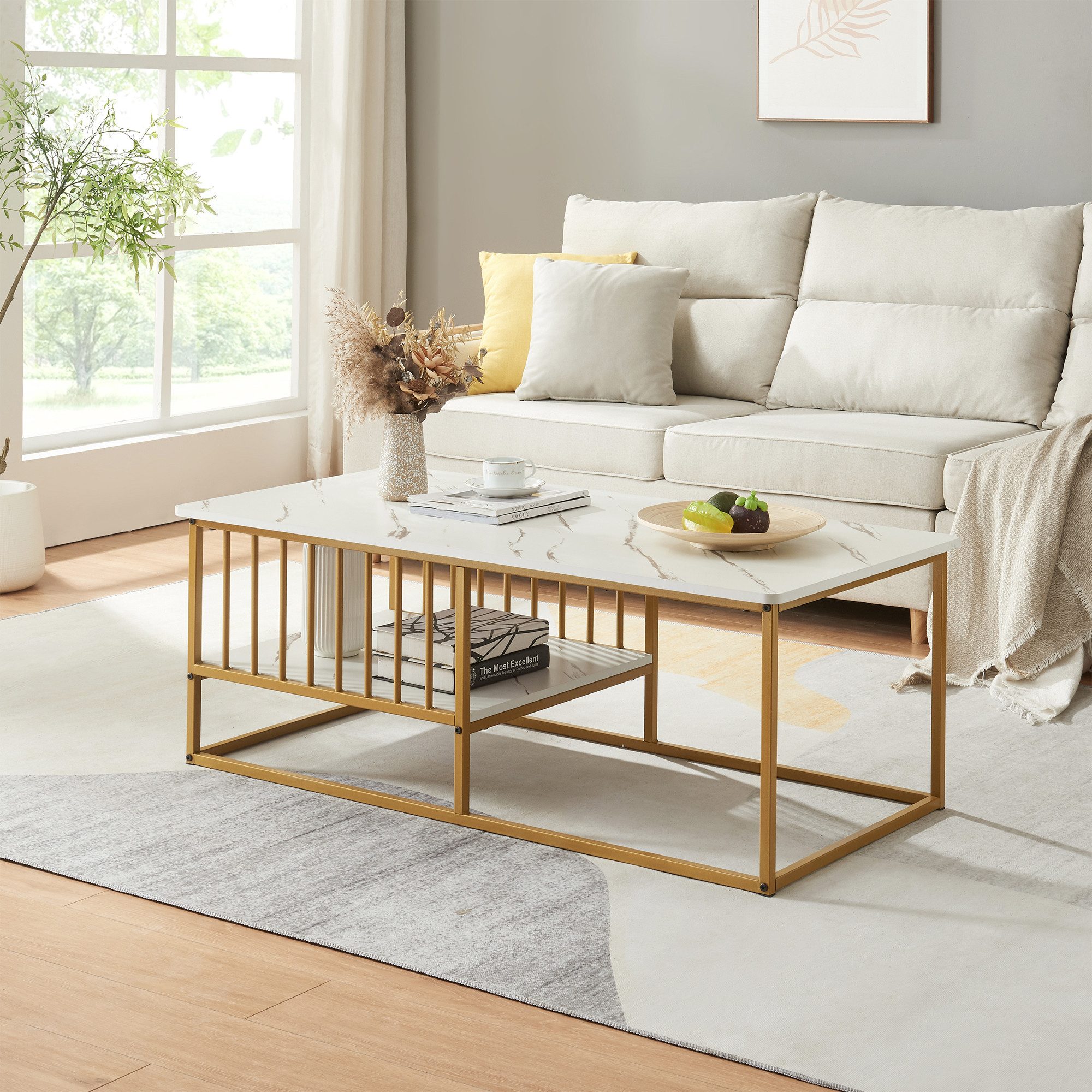 en.casa Couchtisch, »Raukurg« 120x60x44 cm Marmoroptik, weiß / Goldfarben günstig online kaufen