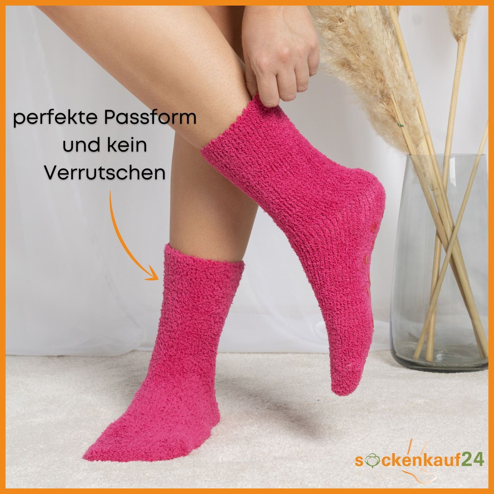 sockenkauf24 Kuschelsocken 37419 Größe Neon (6-Paar, Paar WP 12 35-42) 6 Rutsch oder mit Anti Sohle - Socken ABS Damen