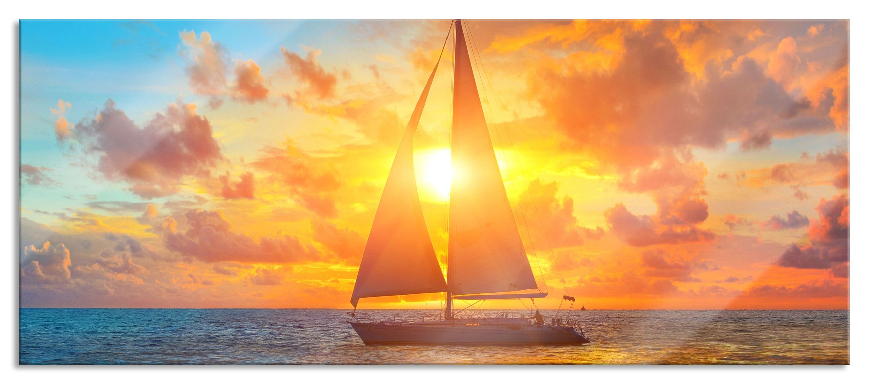 (1 inkl. Segelboot Segelboot nahgelegen Pixxprint nahgelegen Küste, Glasbild aus und Aufhängungen St), der Echtglas, Glasbild Küste der Abstandshalter
