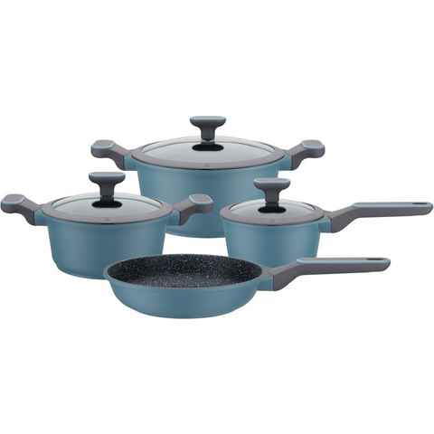 GSW Topf-Set Blue Granit, Aluminiumguss (Set, 7-tlg., Kochtopf 20/24 cm, 1 Stielkasserolle 16 cm, 1 Bratpfanne 24 cm), Induktion