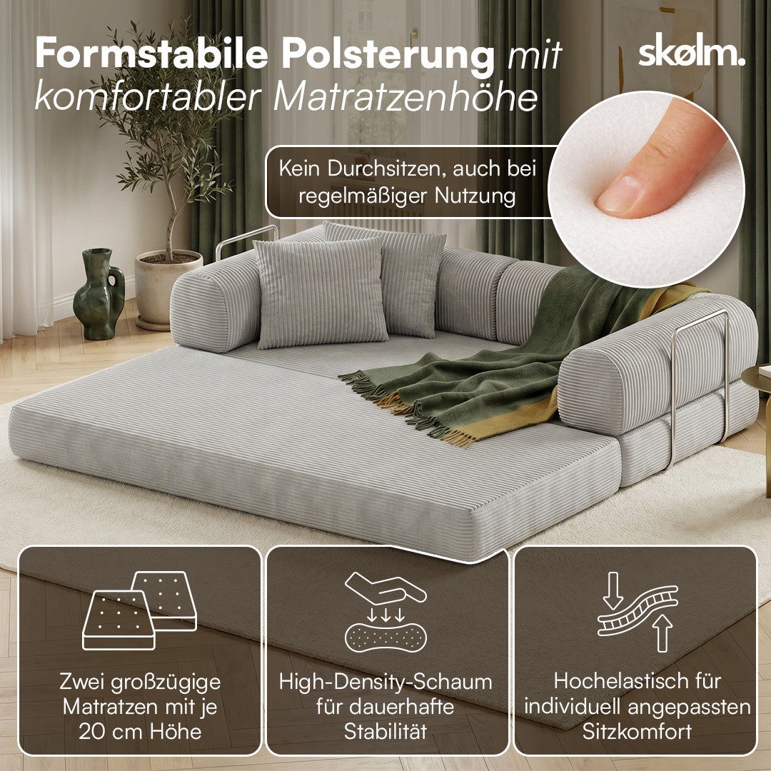 skølm Sofa & Sessel Lofn aus Vollschaum Cord, umwandelbar zum Schlafsofa/-Sessel, Hellgrau, Cordsofa 200 cm breit, 2 Sitzer, kein Aufbau erforderlich, vakuumiert