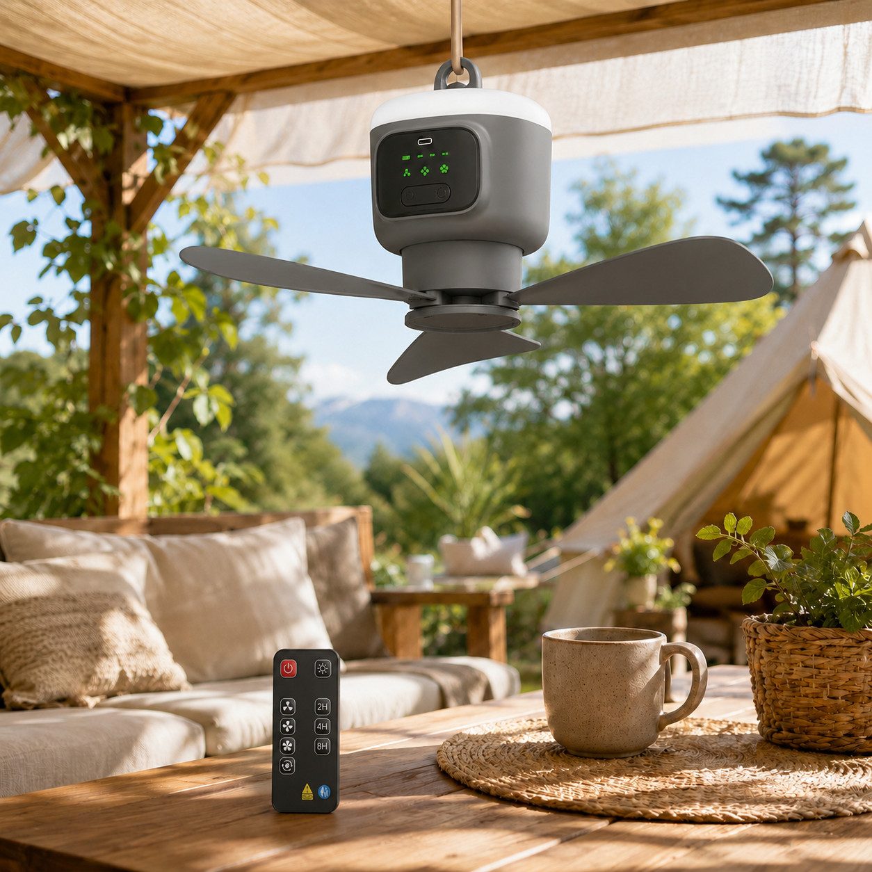 Lapamax Akku-Ventilator 12000mAh Camping-Ventilator, Deckenventilator mit Beleuchtung, 4 Windgeschwindigkeiten, Zeltventilator, für Angeln, Wandern, Outdoor
