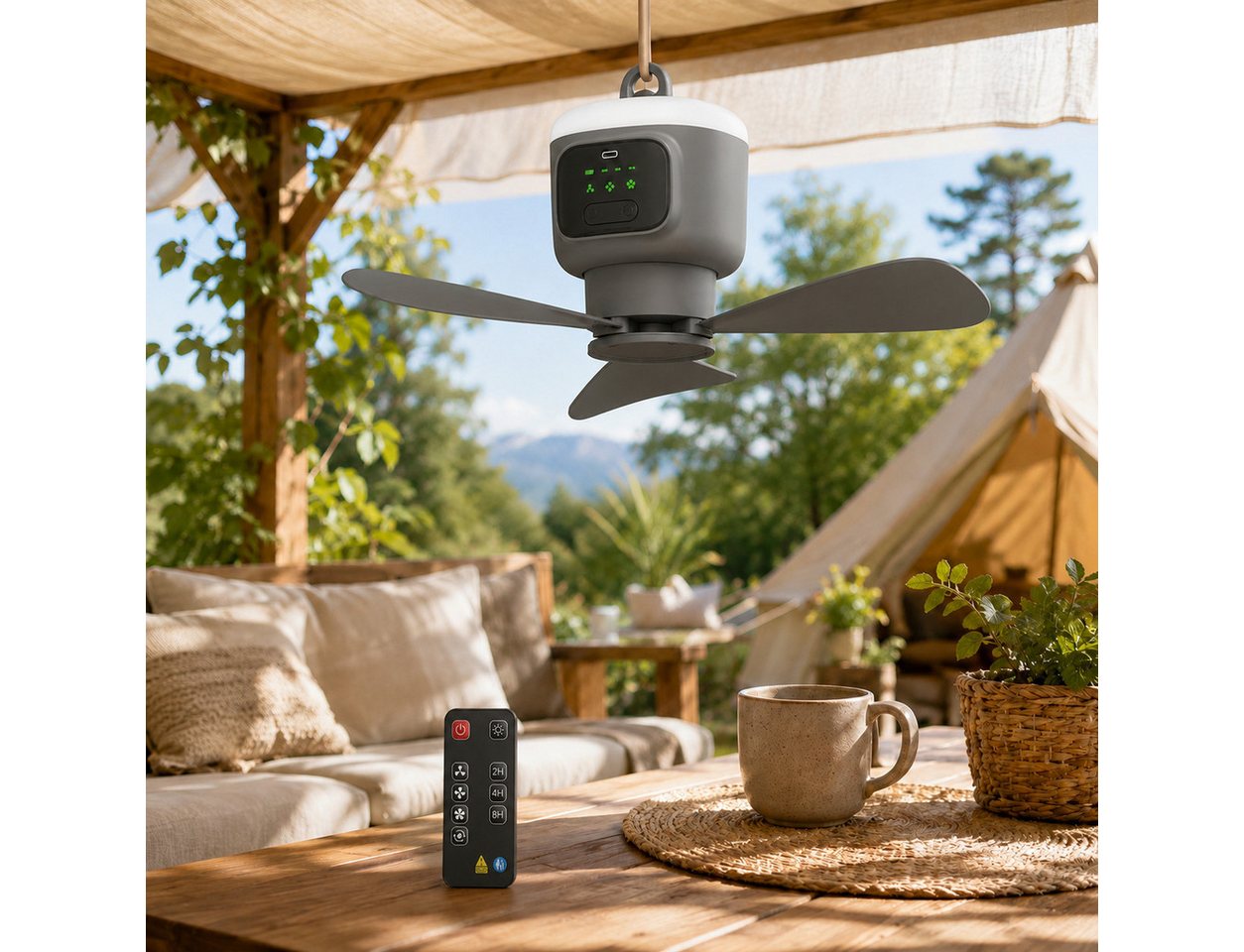 Lapamax Akku-Ventilator 12000mAh Camping-Ventilator, Deckenventilator mit Beleuchtung, 4 Windgeschwindigkeiten, Zeltventilator, für Angeln, Wandern, Outdoor