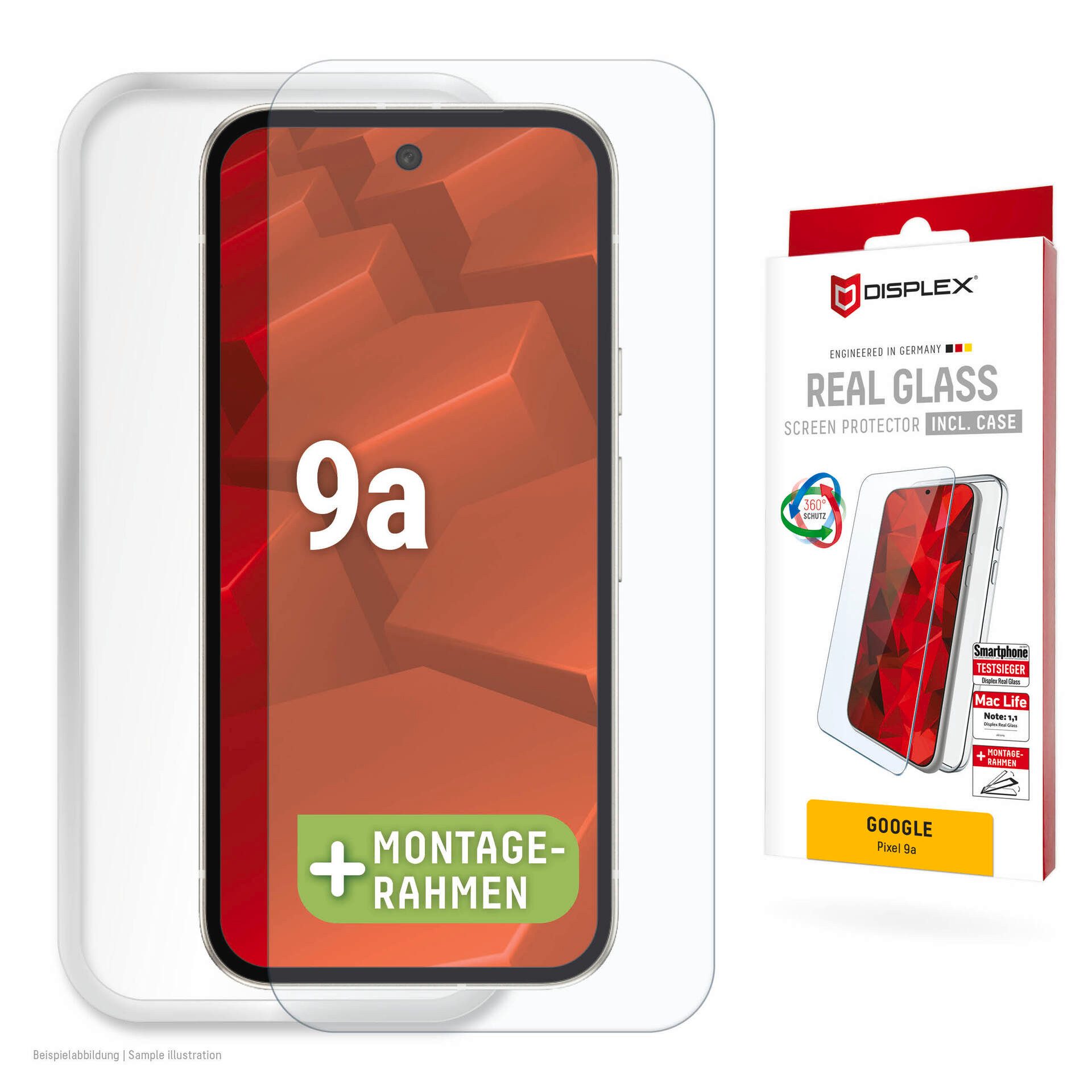 Displex Displayschutzglas Real Glass Screen Protector inklusive Case für Google Pixel 9a, Displayschutzfolie, Schutzfolie, Bildschirmschutz, kratz- & stoßfest