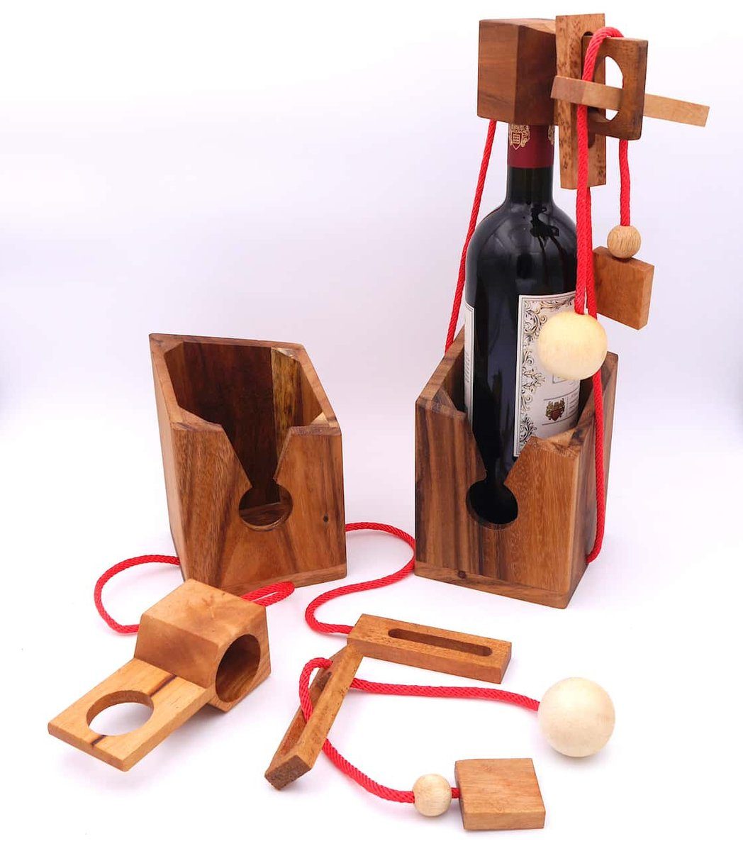 Denkspiele für Flaschentresor ROMBOL Holz Flaschen, rotes dunkles Geschenkverpackung Spiel, wiederverwendbar – Edles Denkspiel große Band Holz, aus